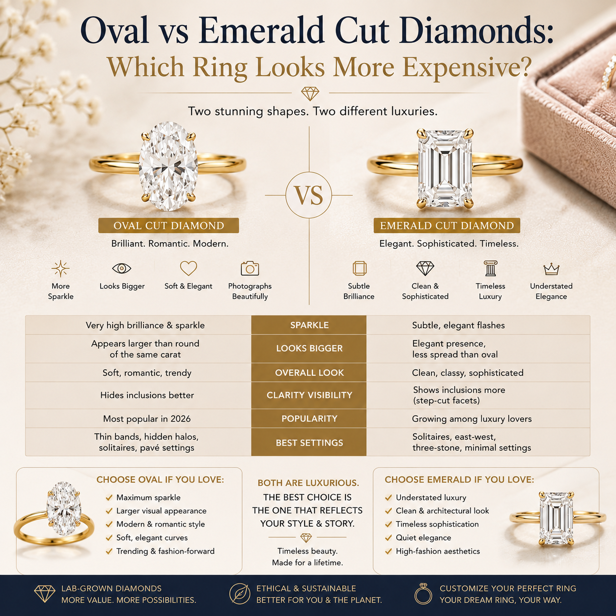 Oval vs Emerald Cut Diamonds: Which Ring Looks More Expensive?
