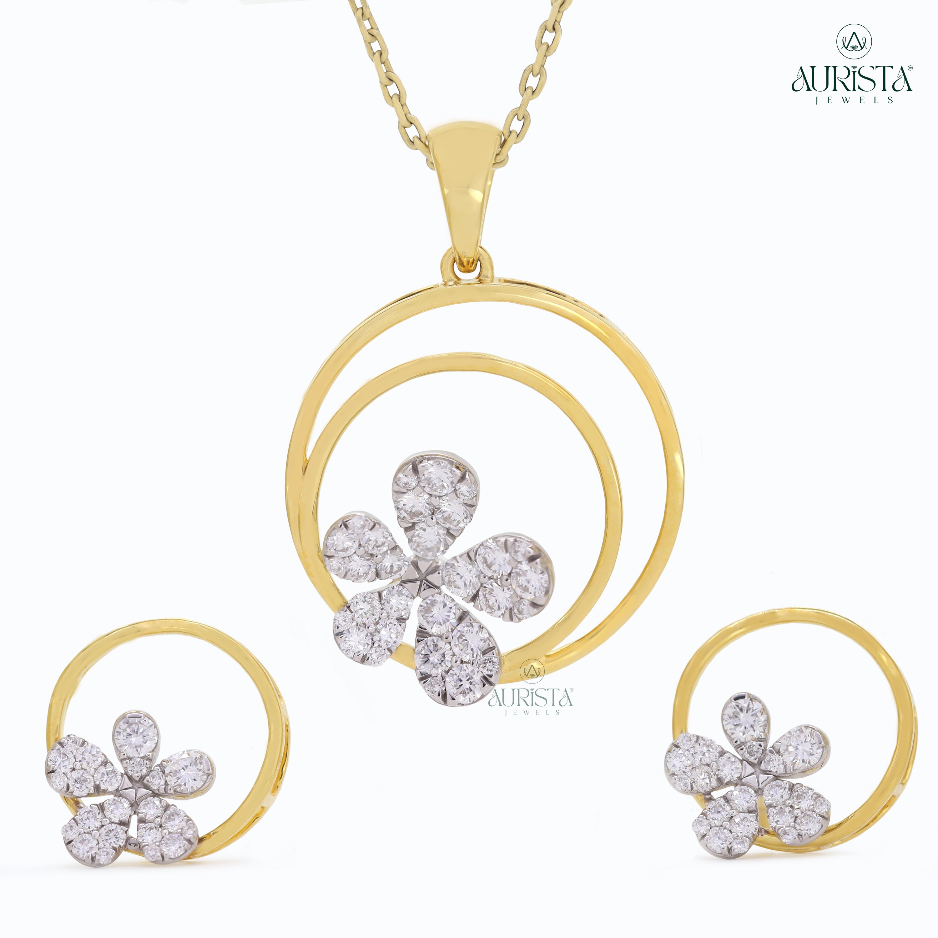 Round Floral Design Diamond Jewelry Set in Yellow Gold