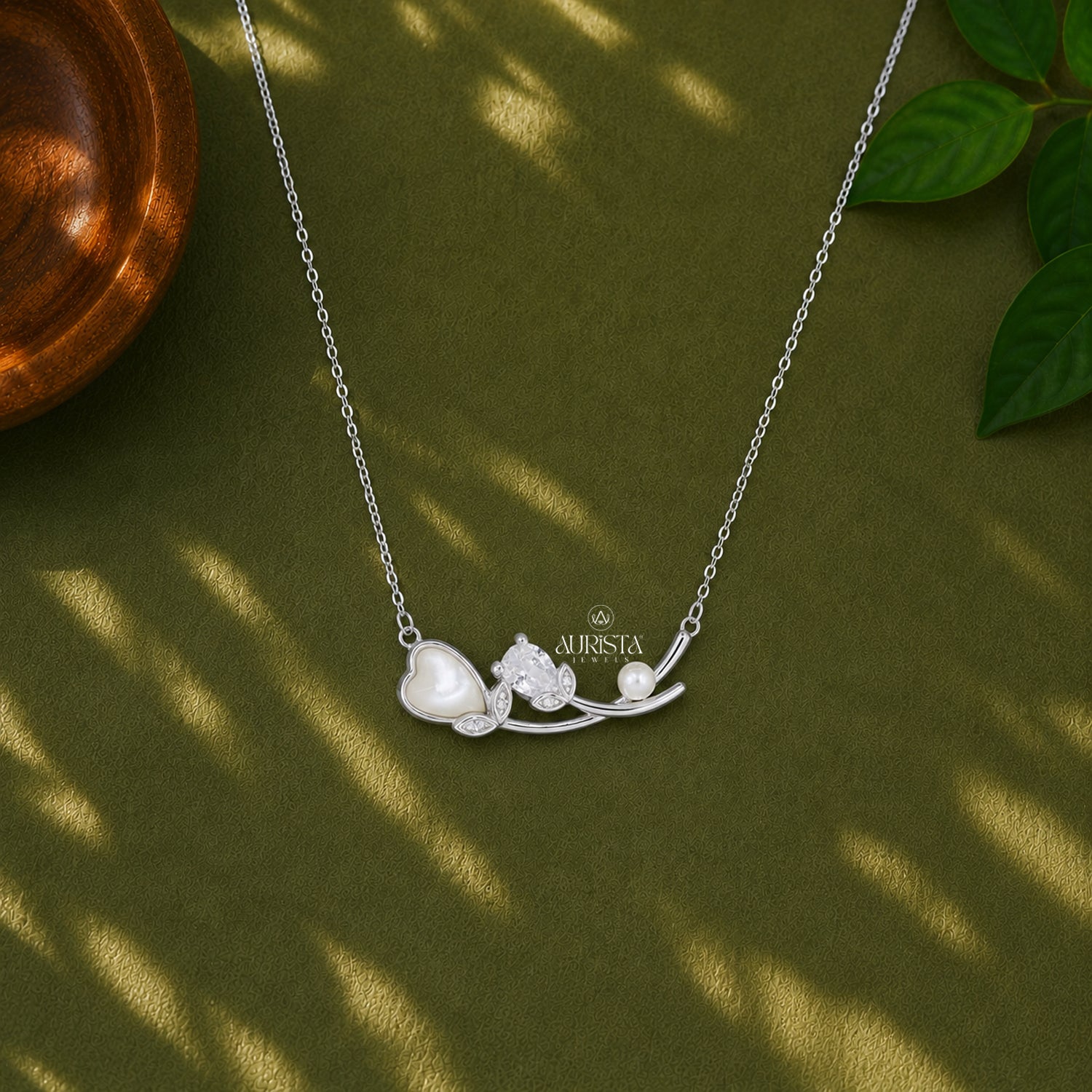 Pear Moissanite & Pearl Necklace, Mother of Pearl Heart Pendant, Silver Floral Gift