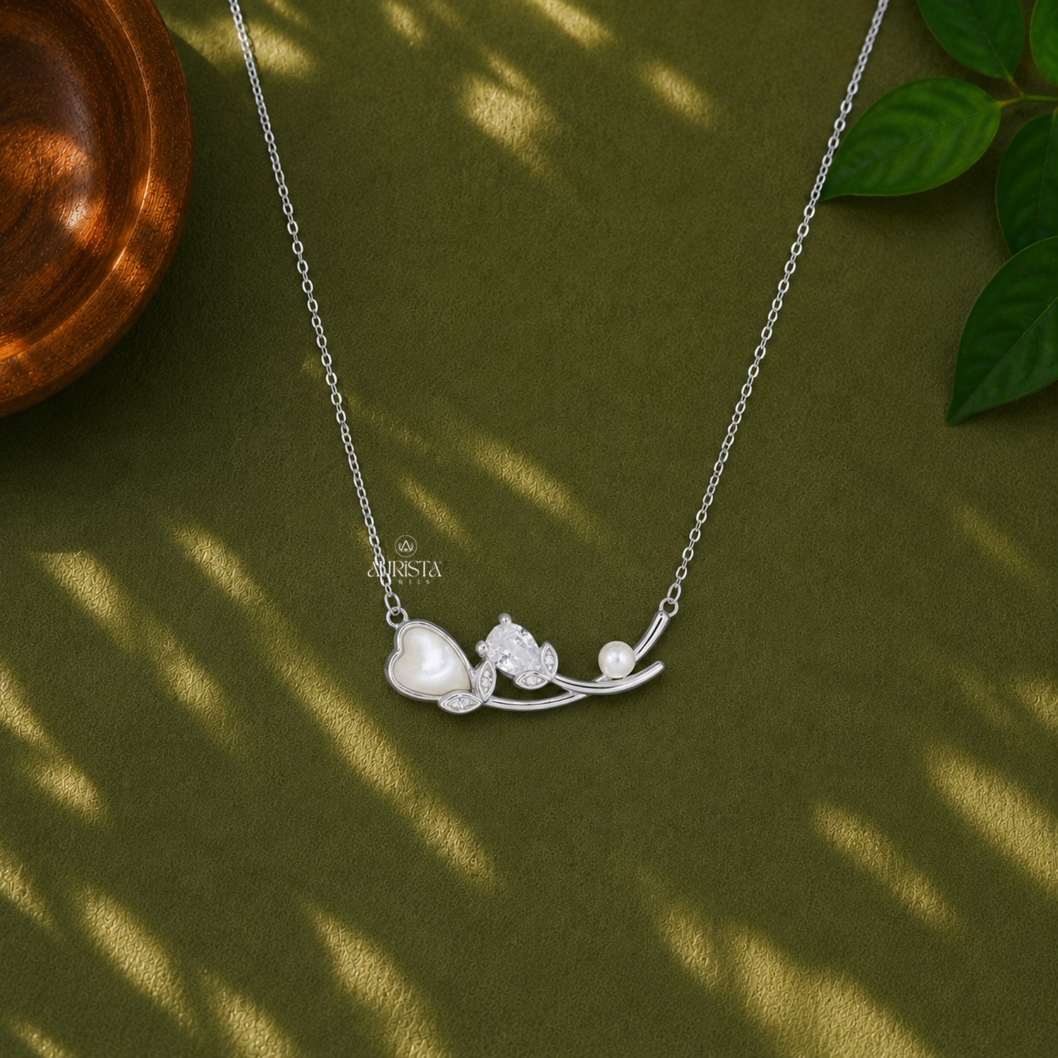Pear Moissanite & Pearl Necklace, Mother of Pearl Heart Pendant, Silver Floral Gift