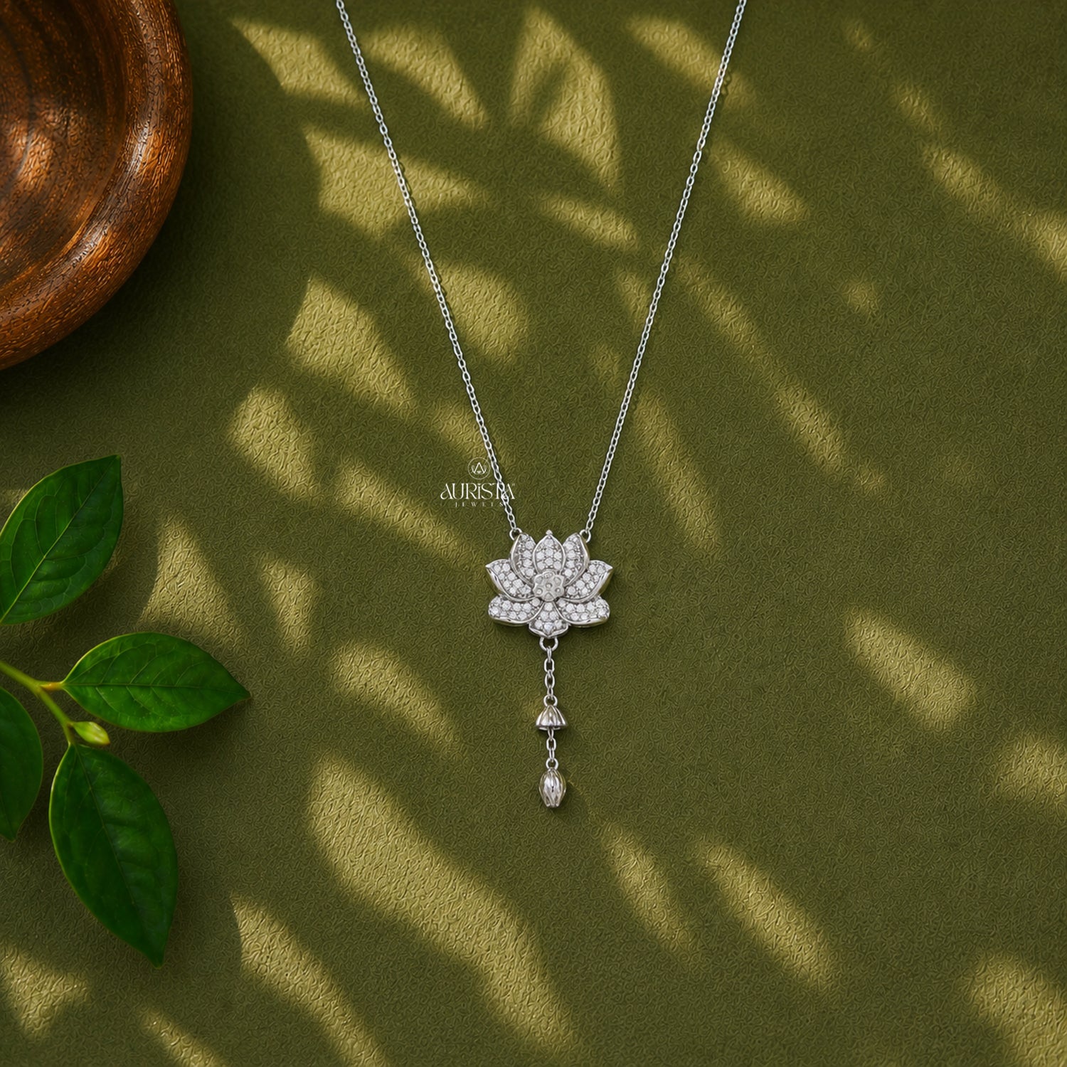 Moissanite Lotus Pendant, Silver Diamond Floral Necklace, Dainty Drop Jewelry Gift