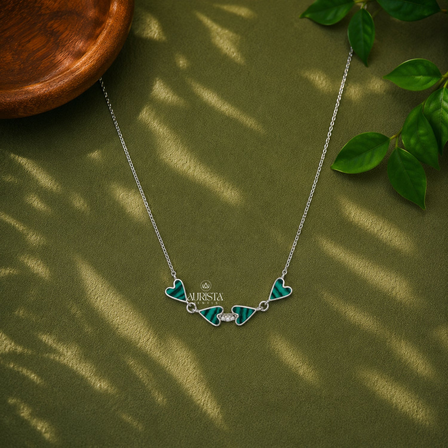 Malachite Heart Necklace, Green Stone Silver Chain, Minimalist Moissanite Gift Idea