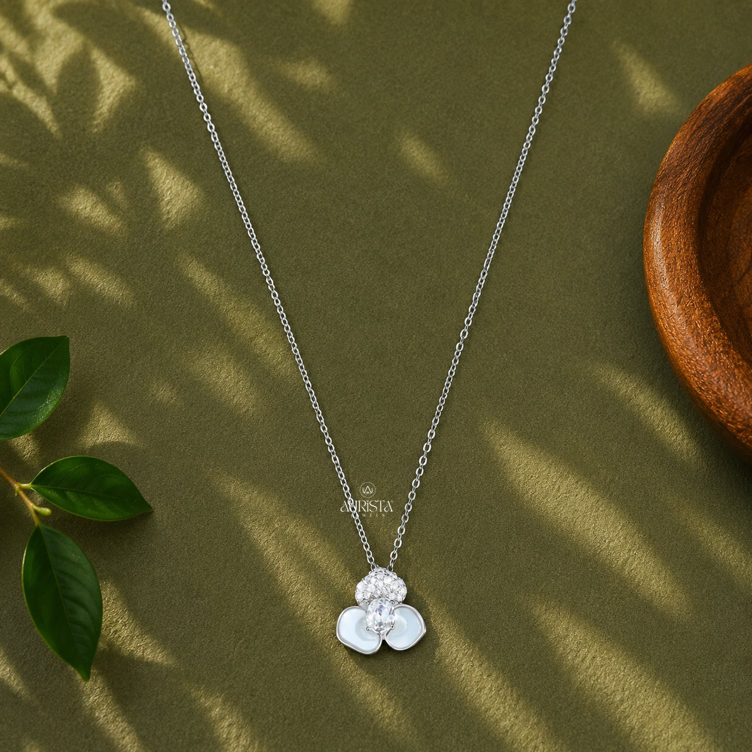 Floral Moissanite Necklace Silver Flower Pendant Mother of Pearl Bridal Jewelry Gift