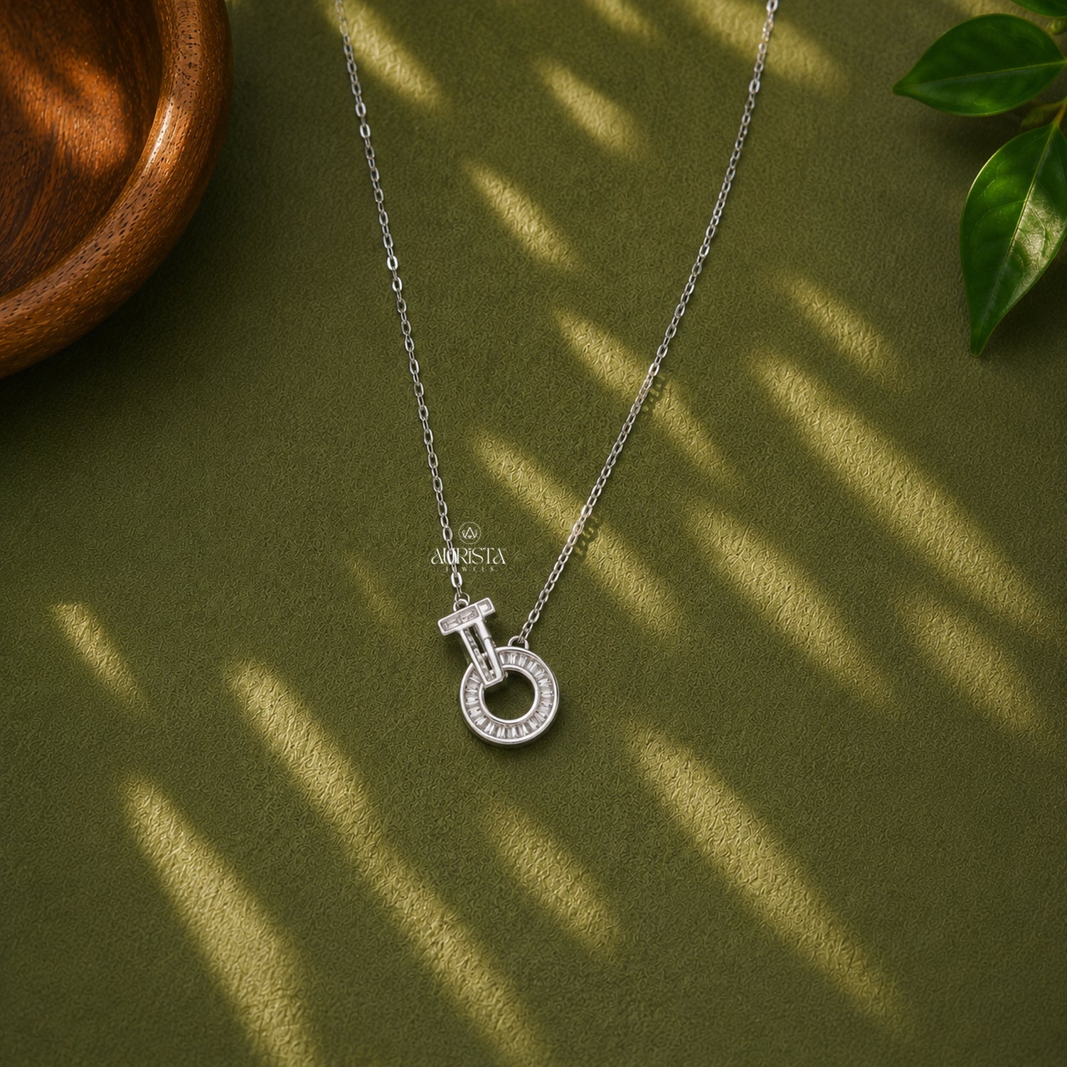Baguette Moissanite Circle Pendant, Geometric Silver Necklace, Modern Statement Gift