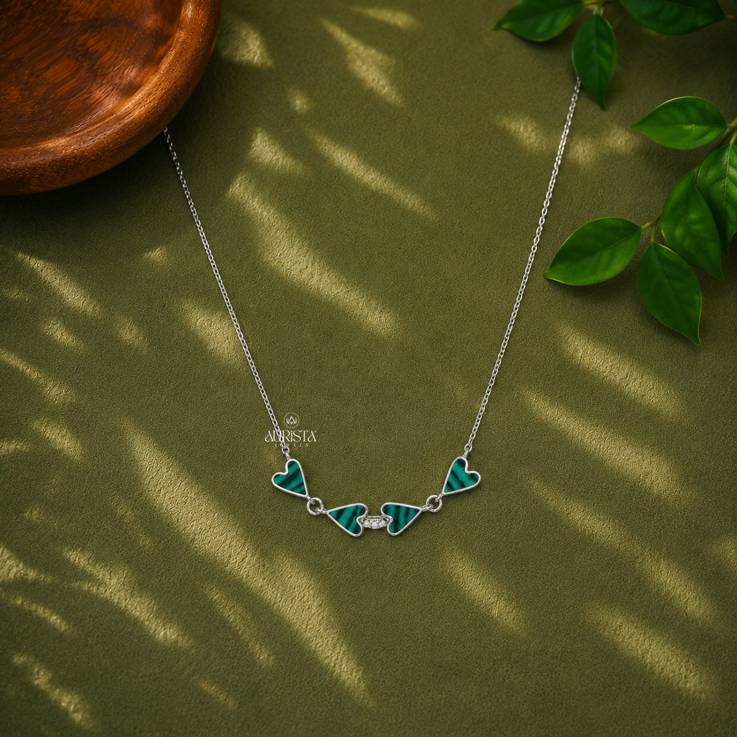 Malachite Heart Necklace, Green Stone Silver Chain, Minimalist Moissanite Gift Idea