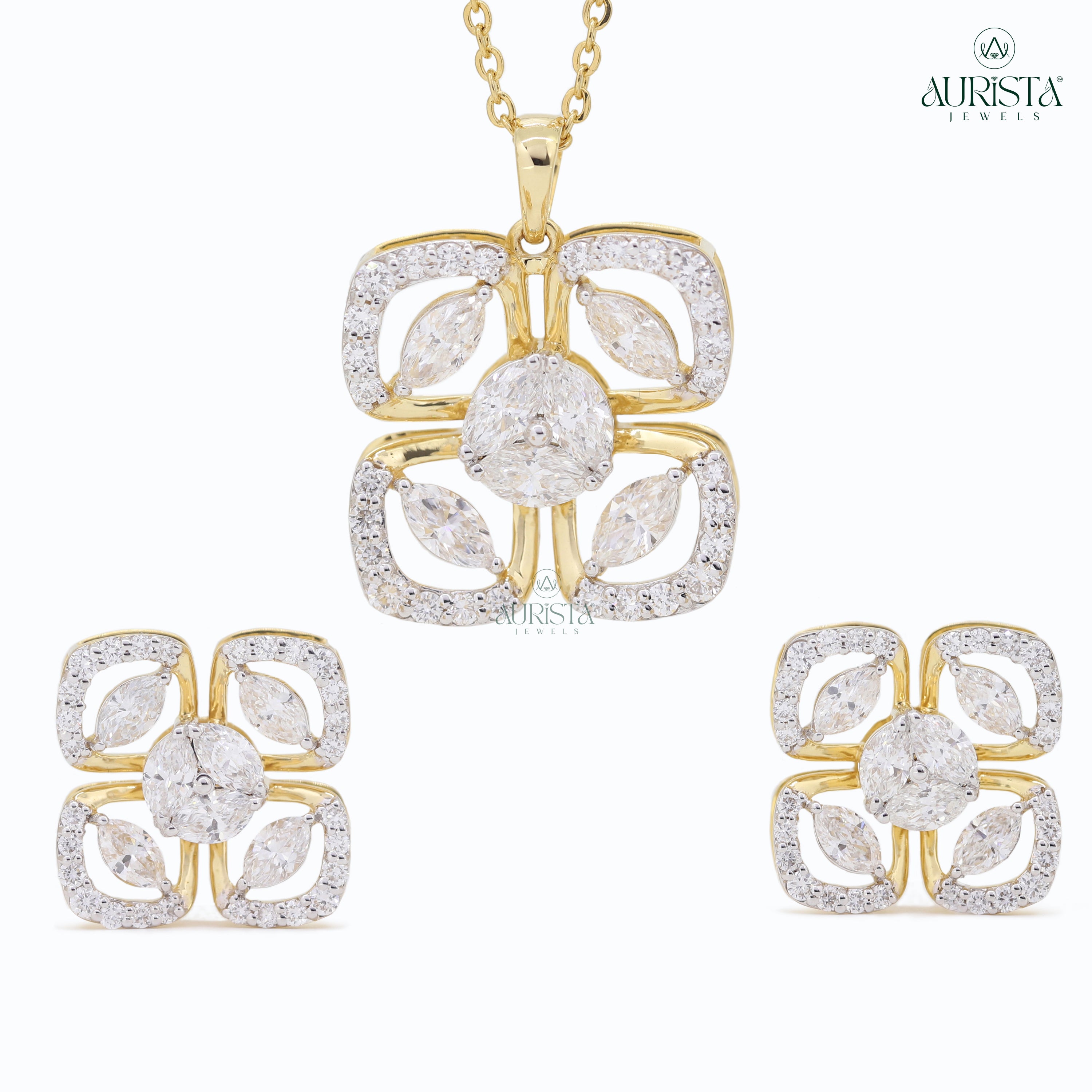 Dazzling Bloom – Yellow Gold Cluster Diamond Jewelry Set