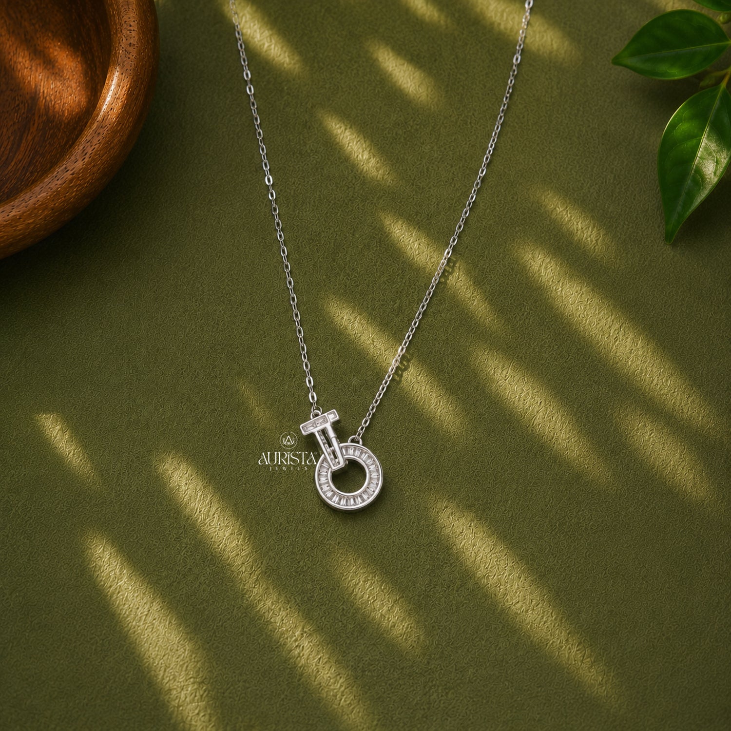 Baguette Moissanite Circle Pendant, Geometric Silver Necklace, Modern Statement Gift