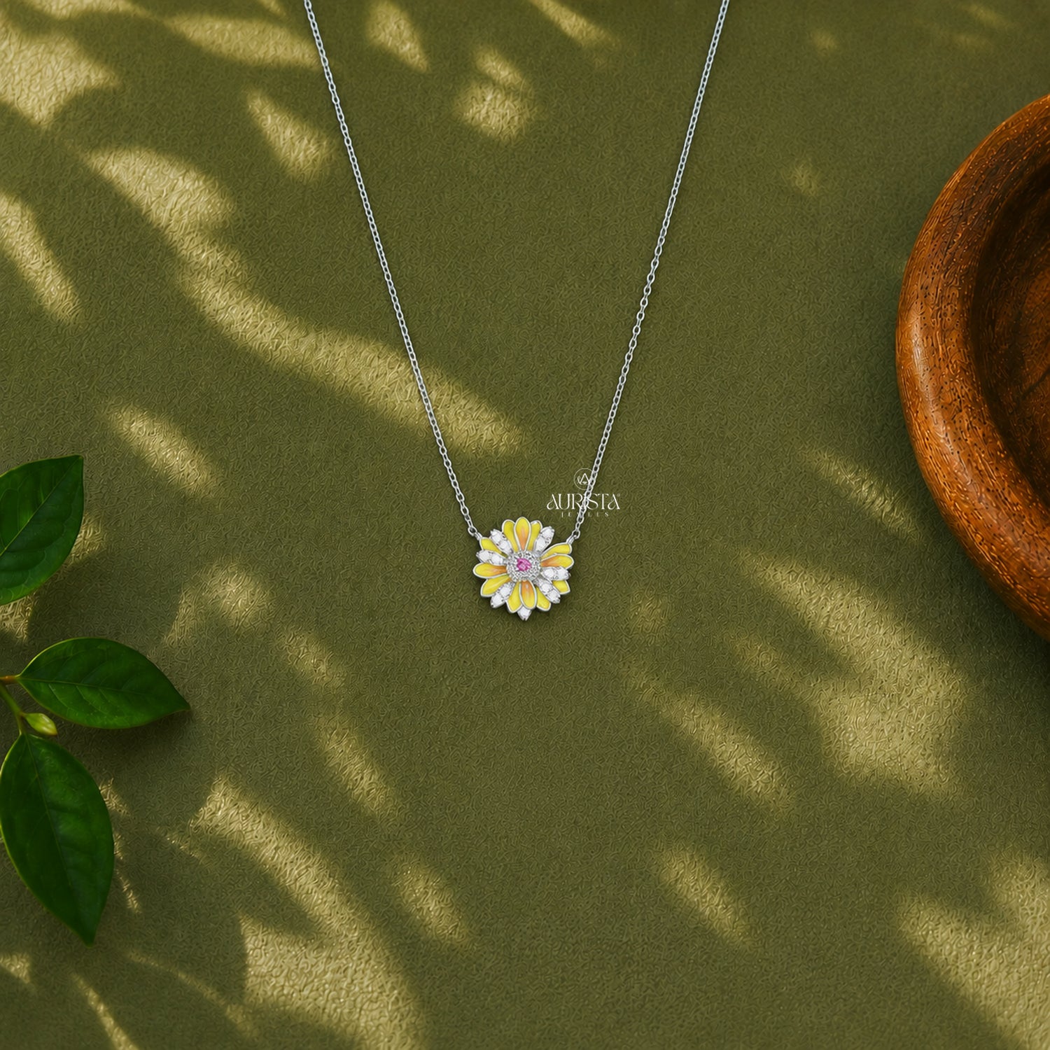 Sunflower Moissanite Necklace, Enamel Floral Pendant, Silver Daisy Jewelry Gift