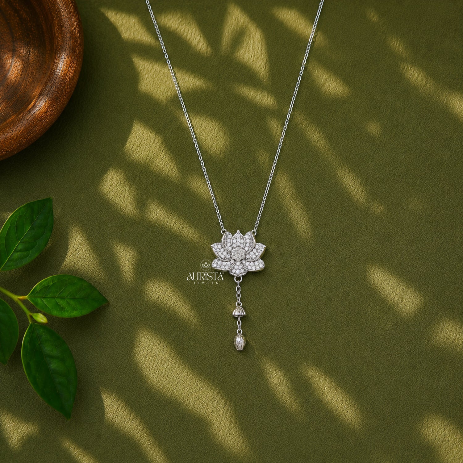Moissanite Lotus Pendant, Silver Diamond Floral Necklace, Dainty Drop Jewelry Gift