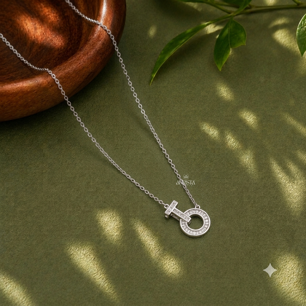 Baguette Moissanite Circle Pendant, Geometric Silver Necklace, Modern Statement Gift