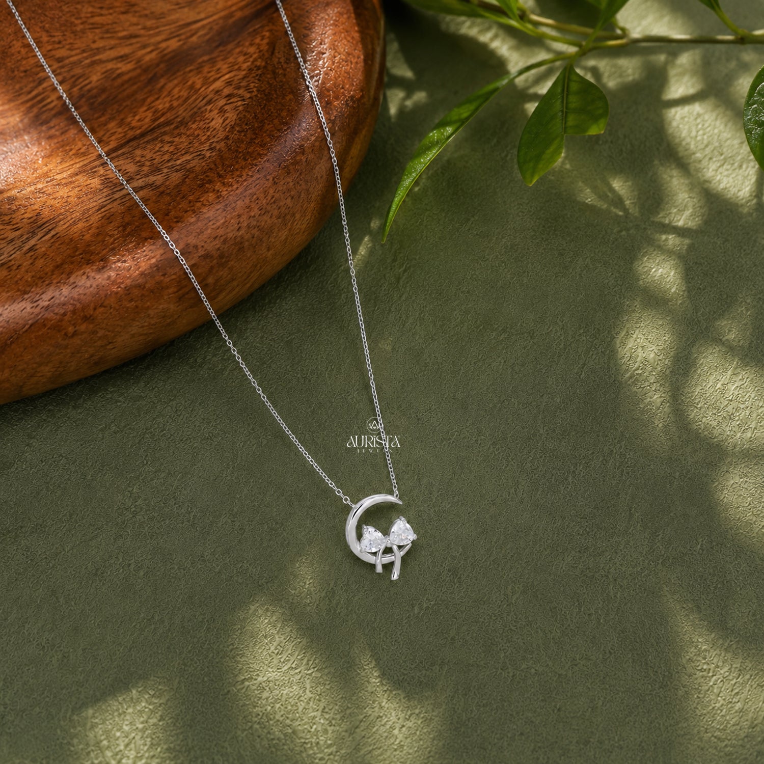 Moon and Bow Moissanite Necklace, Silver Pear Diamond Pendant, Dainty Minimalist Gift