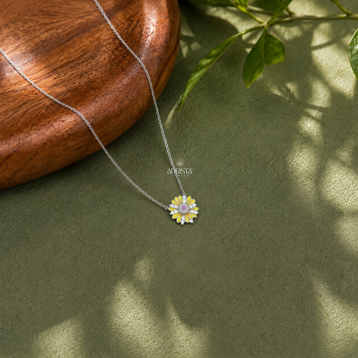 Sunflower Moissanite Necklace, Enamel Floral Pendant, Silver Daisy Jewelry Gift