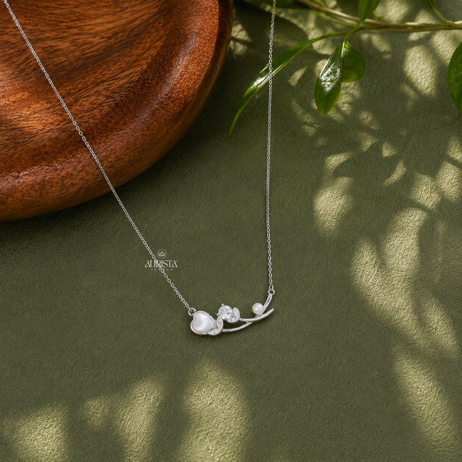 Pear Moissanite & Pearl Necklace, Mother of Pearl Heart Pendant, Silver Floral Gift