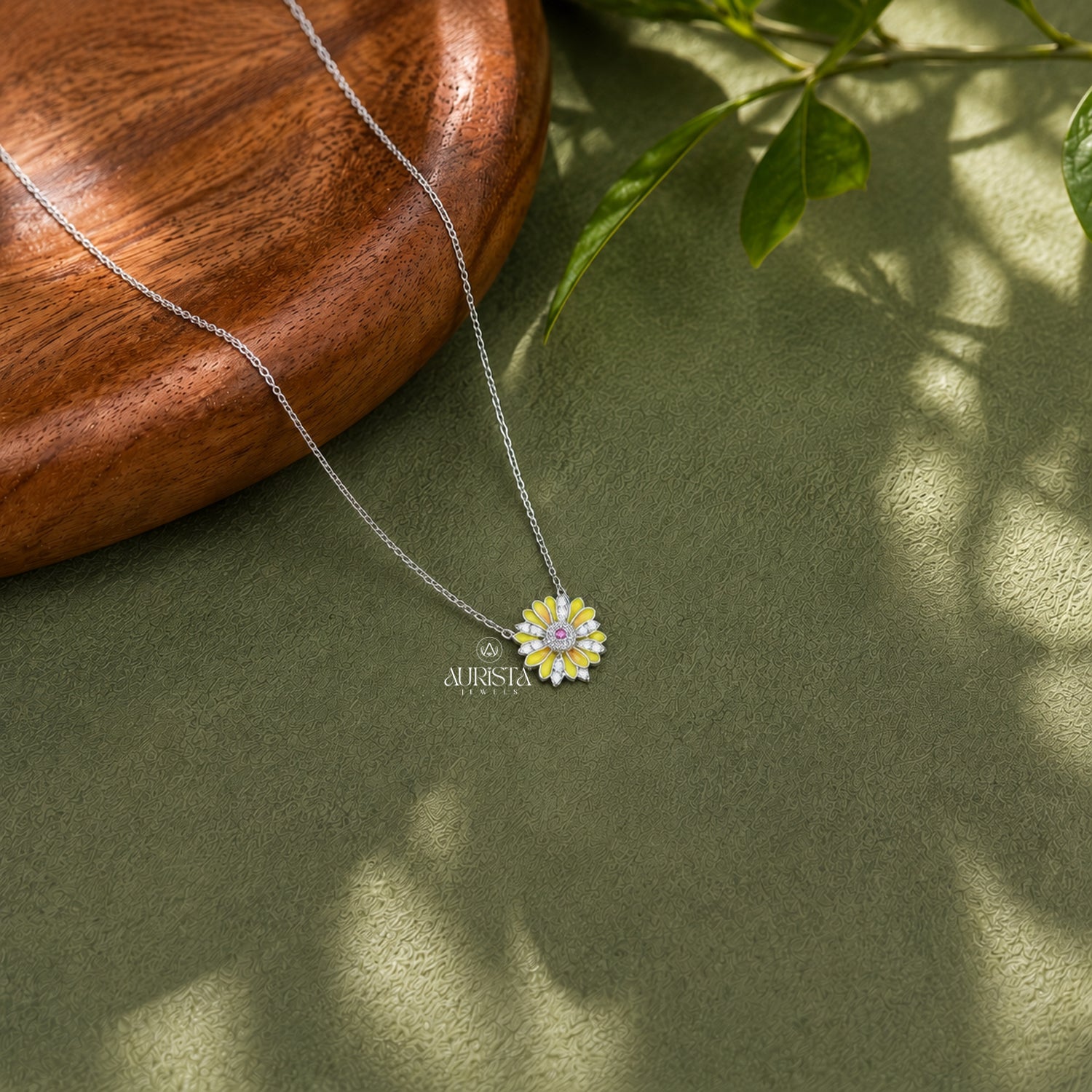 Sunflower Moissanite Necklace, Enamel Floral Pendant, Silver Daisy Jewelry Gift