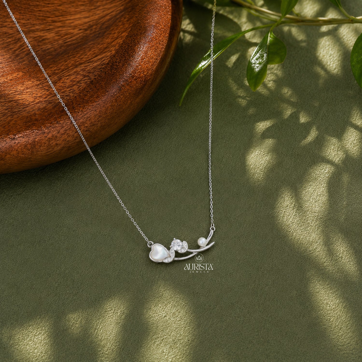 Pear Moissanite & Pearl Necklace, Mother of Pearl Heart Pendant, Silver Floral Gift