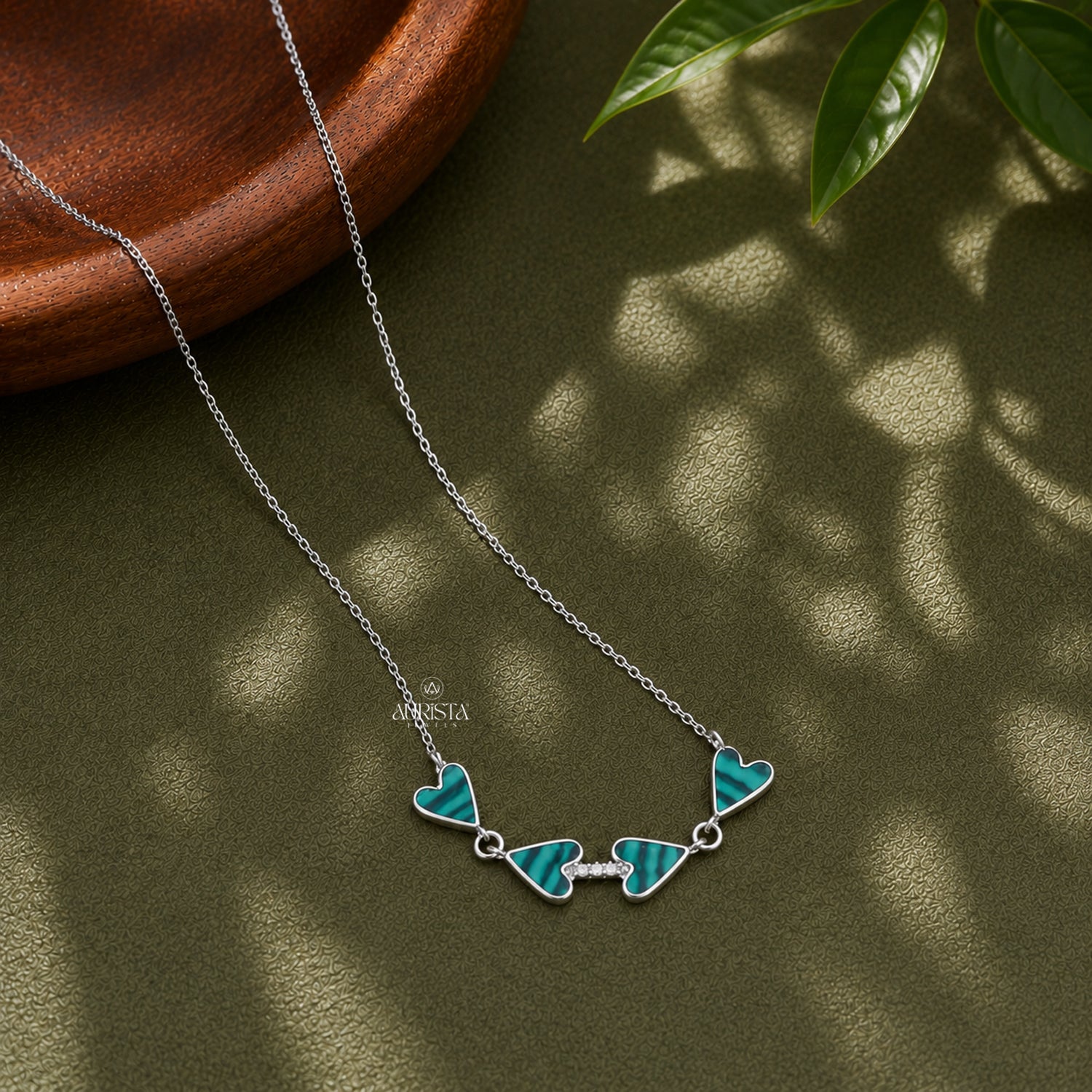 Malachite Heart Necklace, Green Stone Silver Chain, Minimalist Moissanite Gift Idea