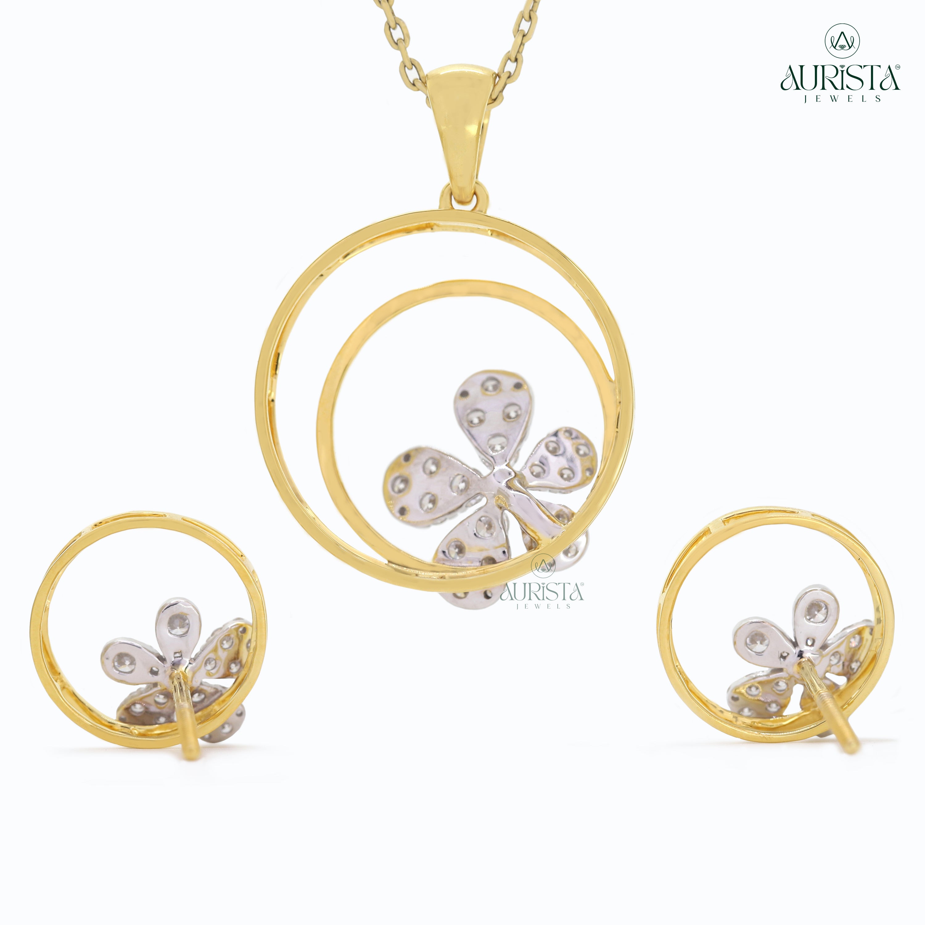 Round Floral Design Diamond Jewelry Set in Yellow Gold