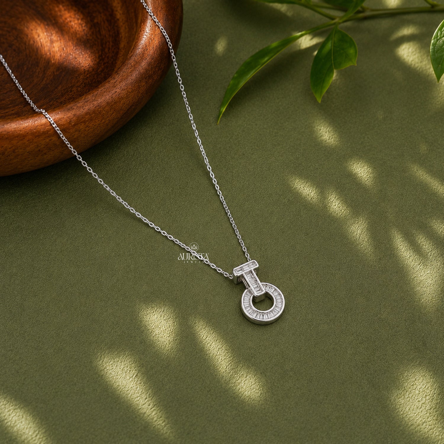 Baguette Moissanite Circle Pendant, Geometric Silver Necklace, Modern Statement Gift