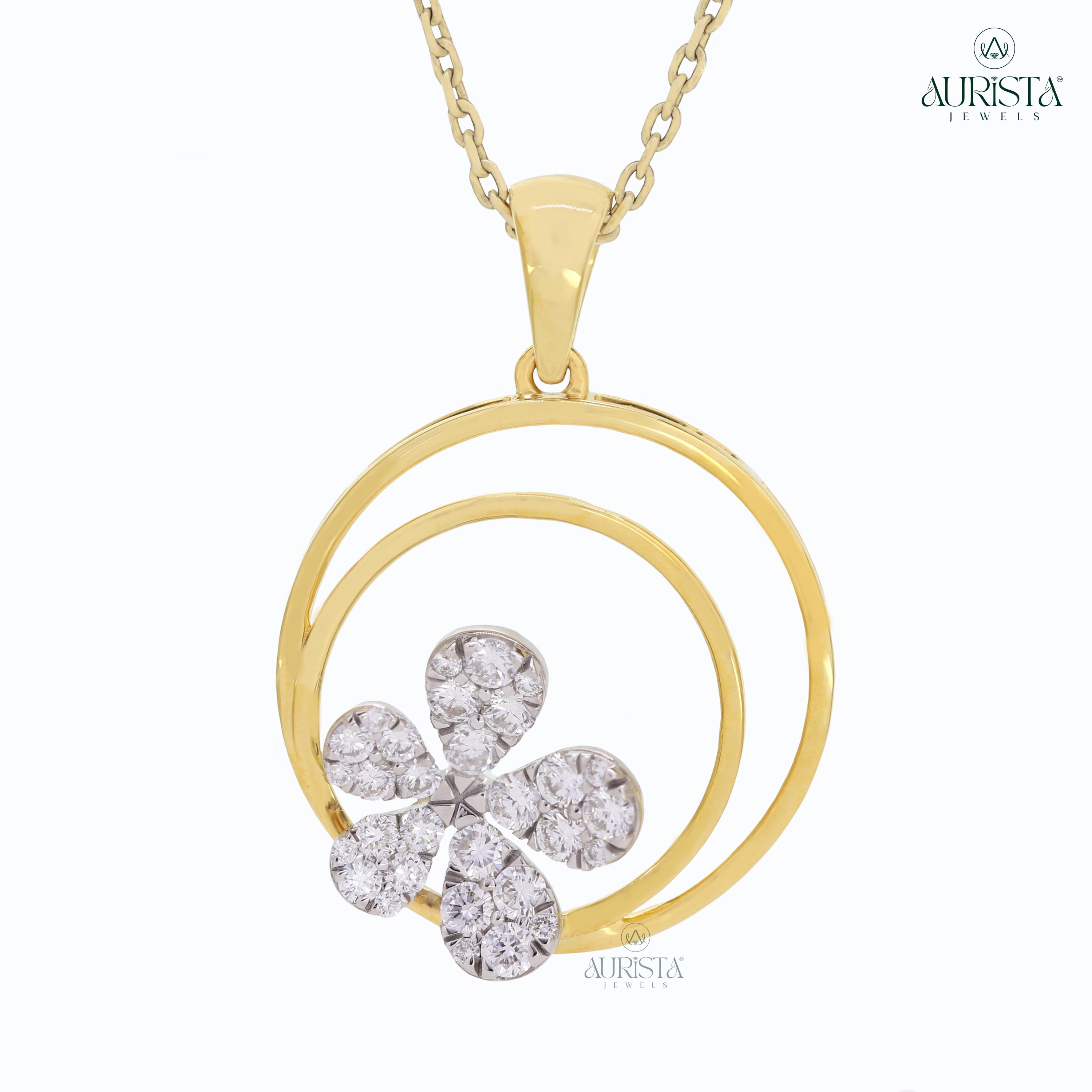 Round Floral Design Diamond Jewelry Set in Yellow Gold