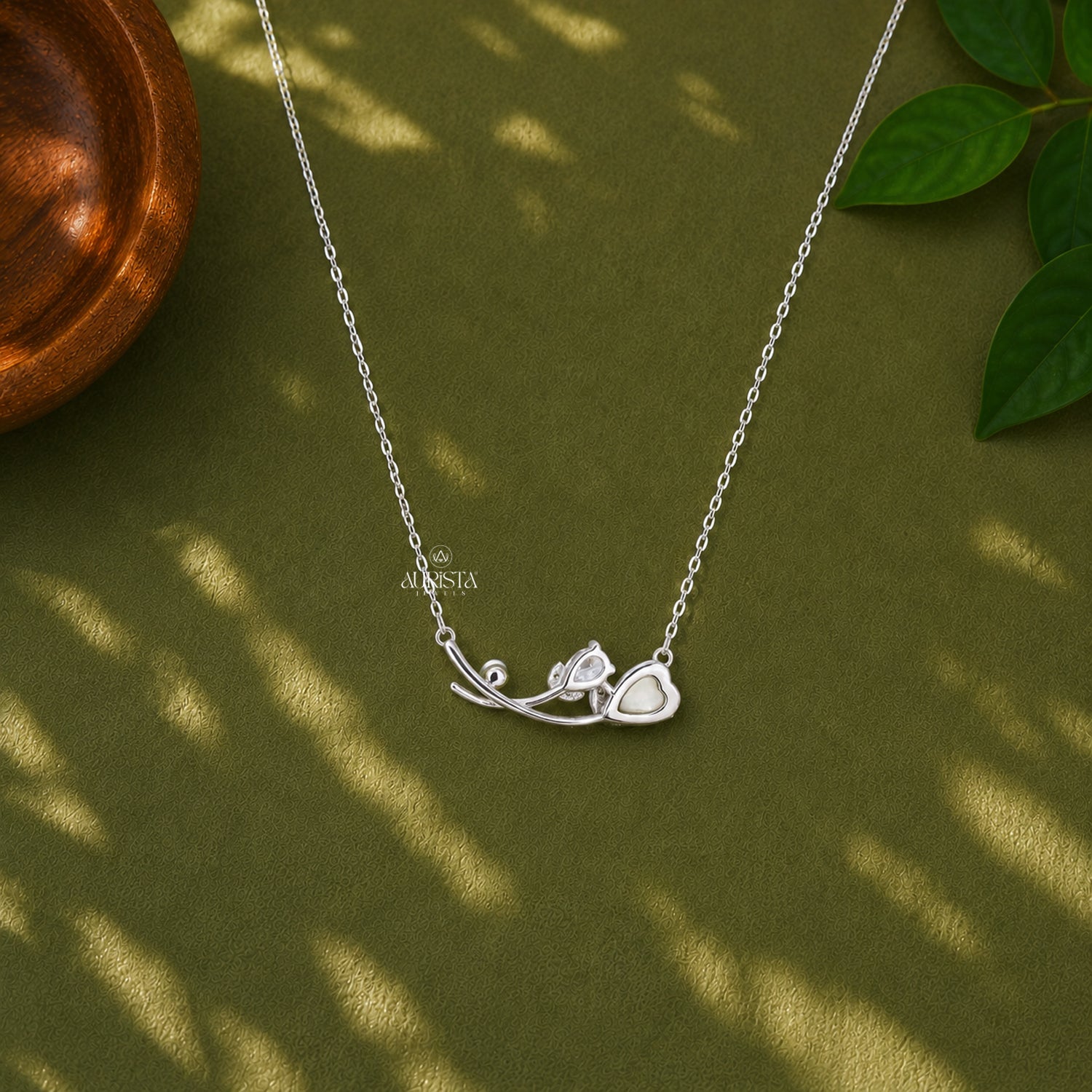 Pear Moissanite & Pearl Necklace, Mother of Pearl Heart Pendant, Silver Floral Gift