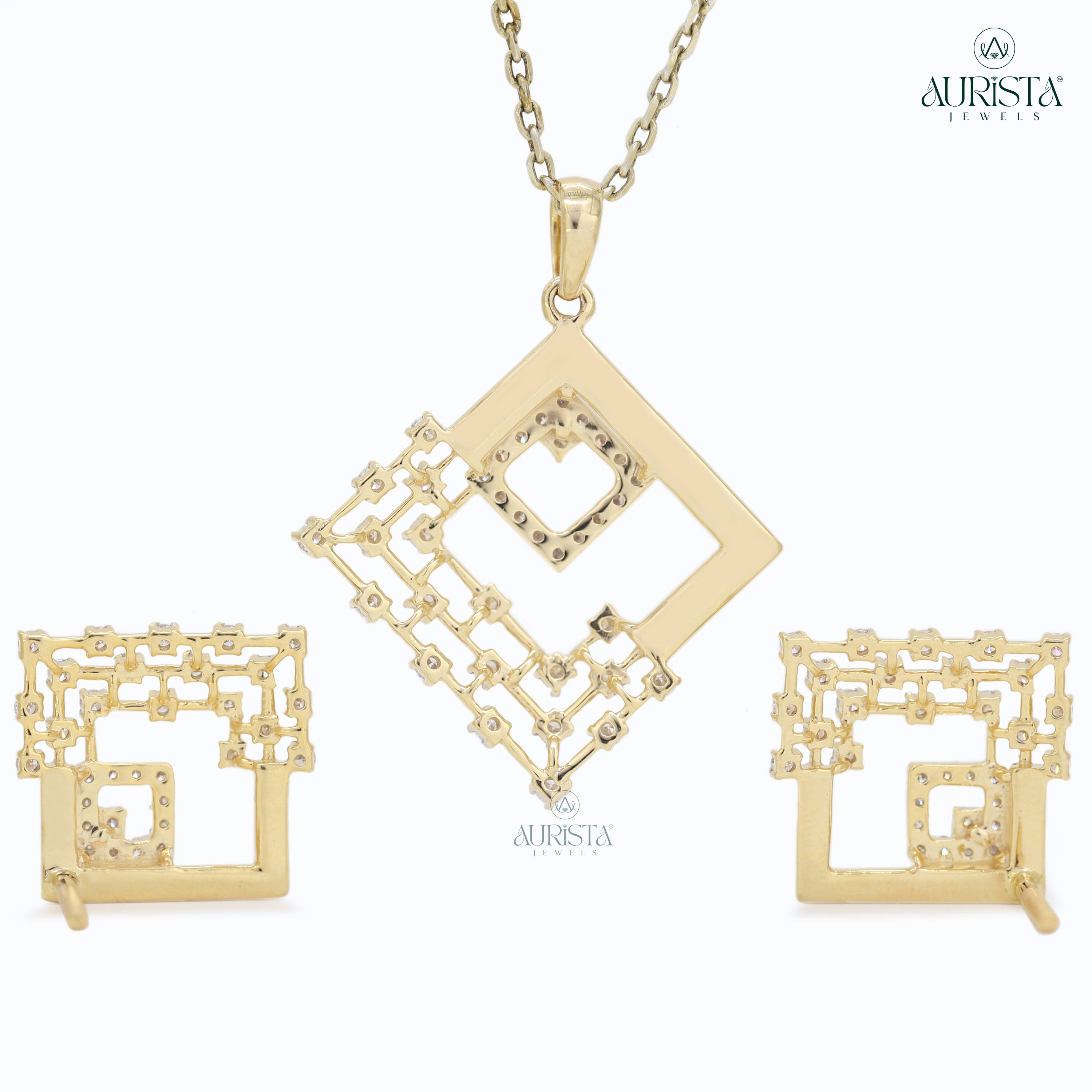 Geometric Floral Fusion – Yellow Gold Round Diamond Jewelry Set