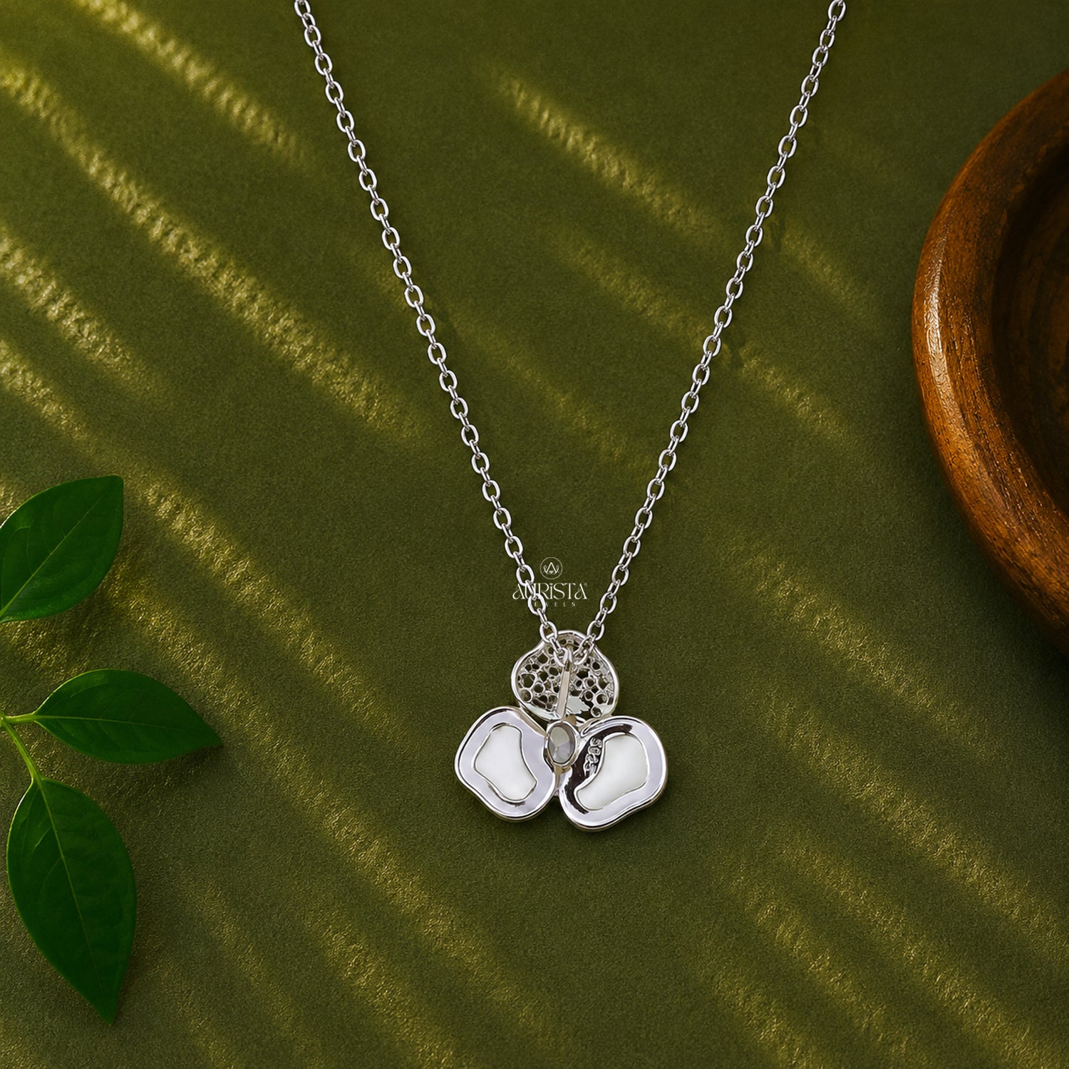 Floral Moissanite Necklace Silver Flower Pendant Mother of Pearl Bridal Jewelry Gift
