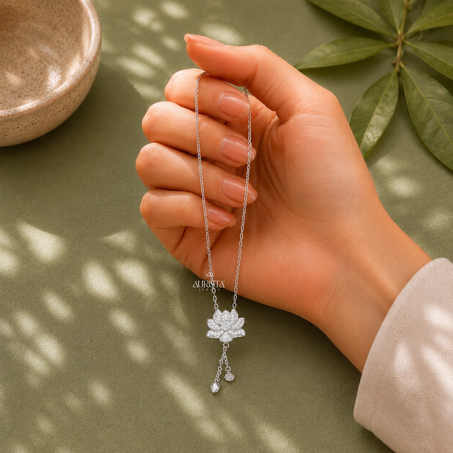 Moissanite Lotus Pendant, Silver Diamond Floral Necklace, Dainty Drop Jewelry Gift