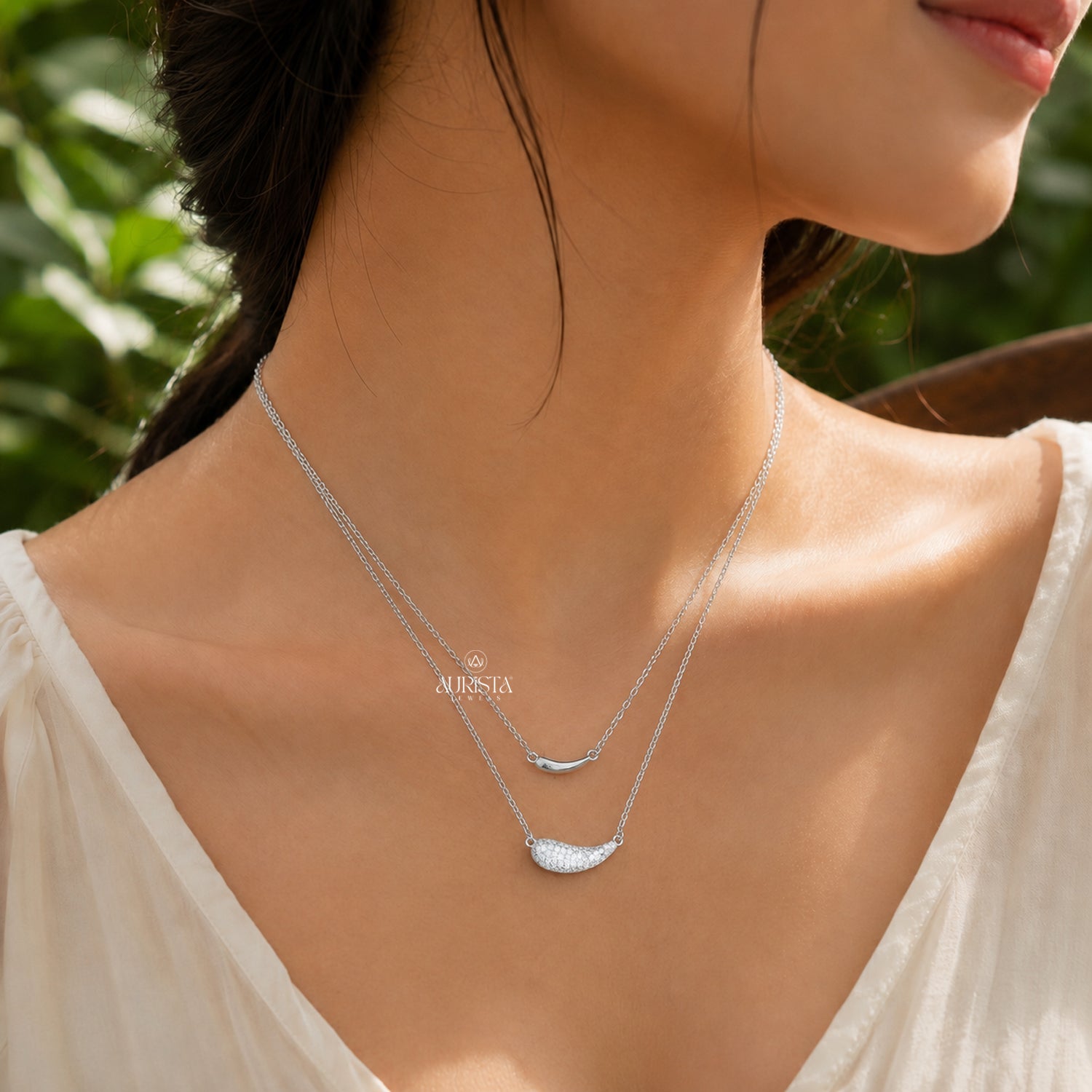 Double Strand Moissanite Necklace Layered Silver Teardrop Pendant Minimalist Jewelry