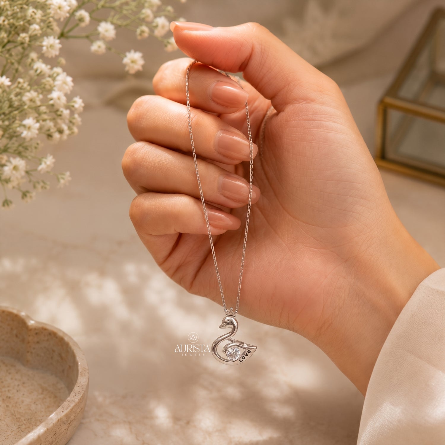 Swan Moissanite Pendant, Silver Love Necklace, Dainty Crown Swan Diamond Jewelry Gift
