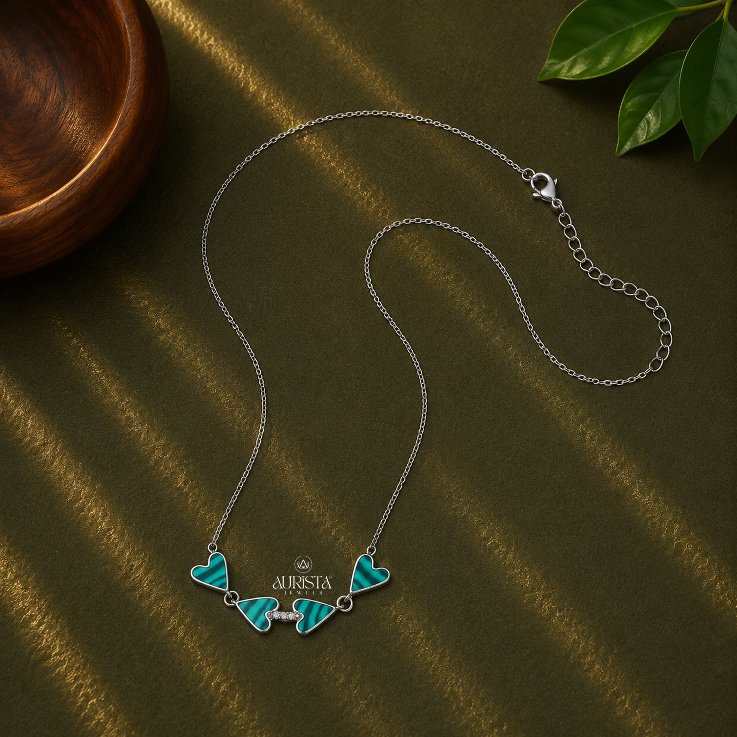 Malachite Heart Necklace, Green Stone Silver Chain, Minimalist Moissanite Gift Idea