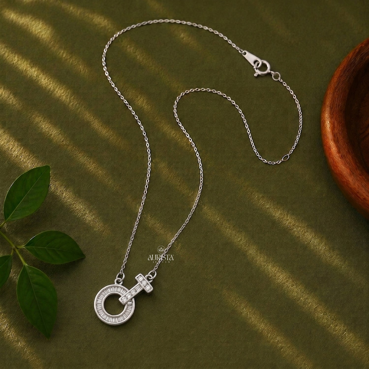 Baguette Moissanite Circle Pendant, Geometric Silver Necklace, Modern Statement Gift
