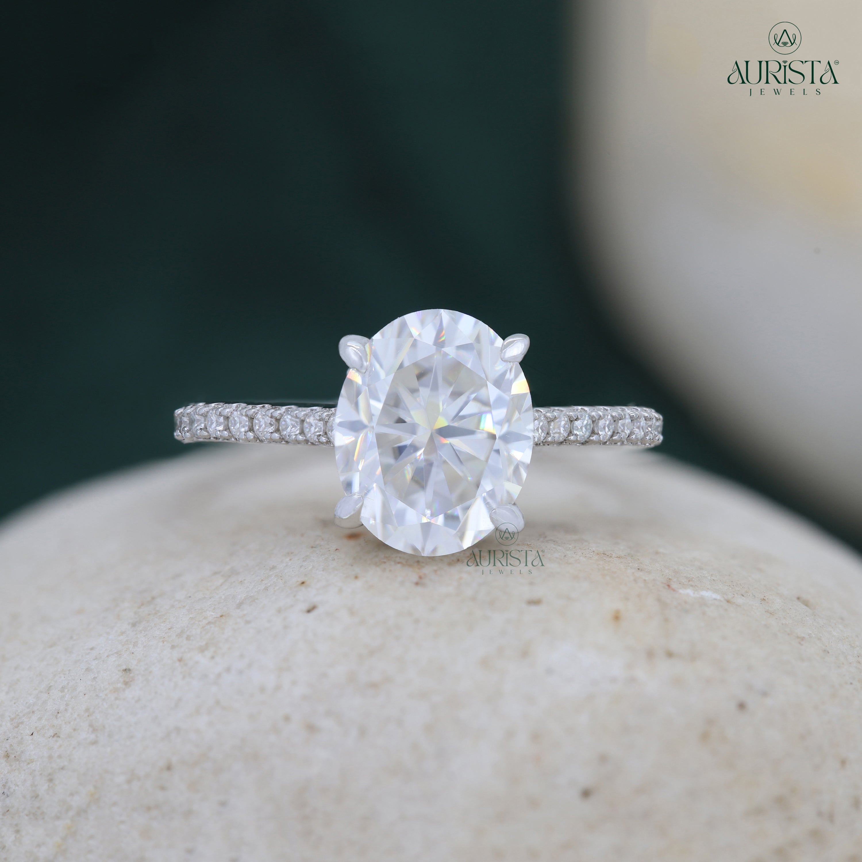 Oval Lab Grown Diamond Engagement Ring, Hidden Halo Pavé Setting, Bridal Ring
