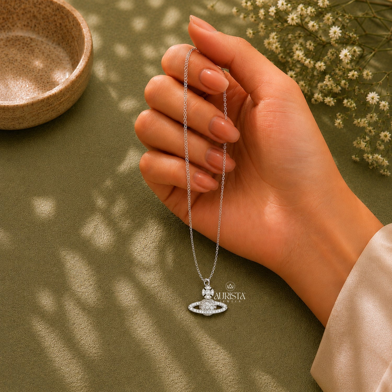 Saturn Planet Moissanite Necklace Dainty Silver Celestial Pendant Jewelry Gift Her