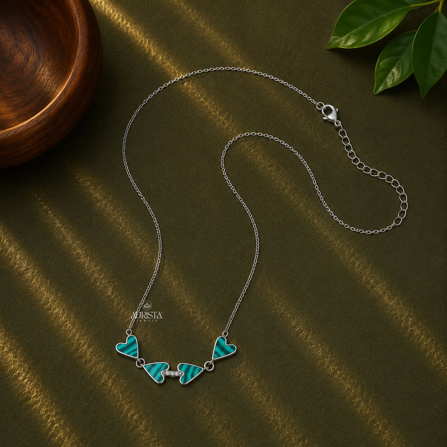 Malachite Heart Necklace, Green Stone Silver Chain, Minimalist Moissanite Gift Idea
