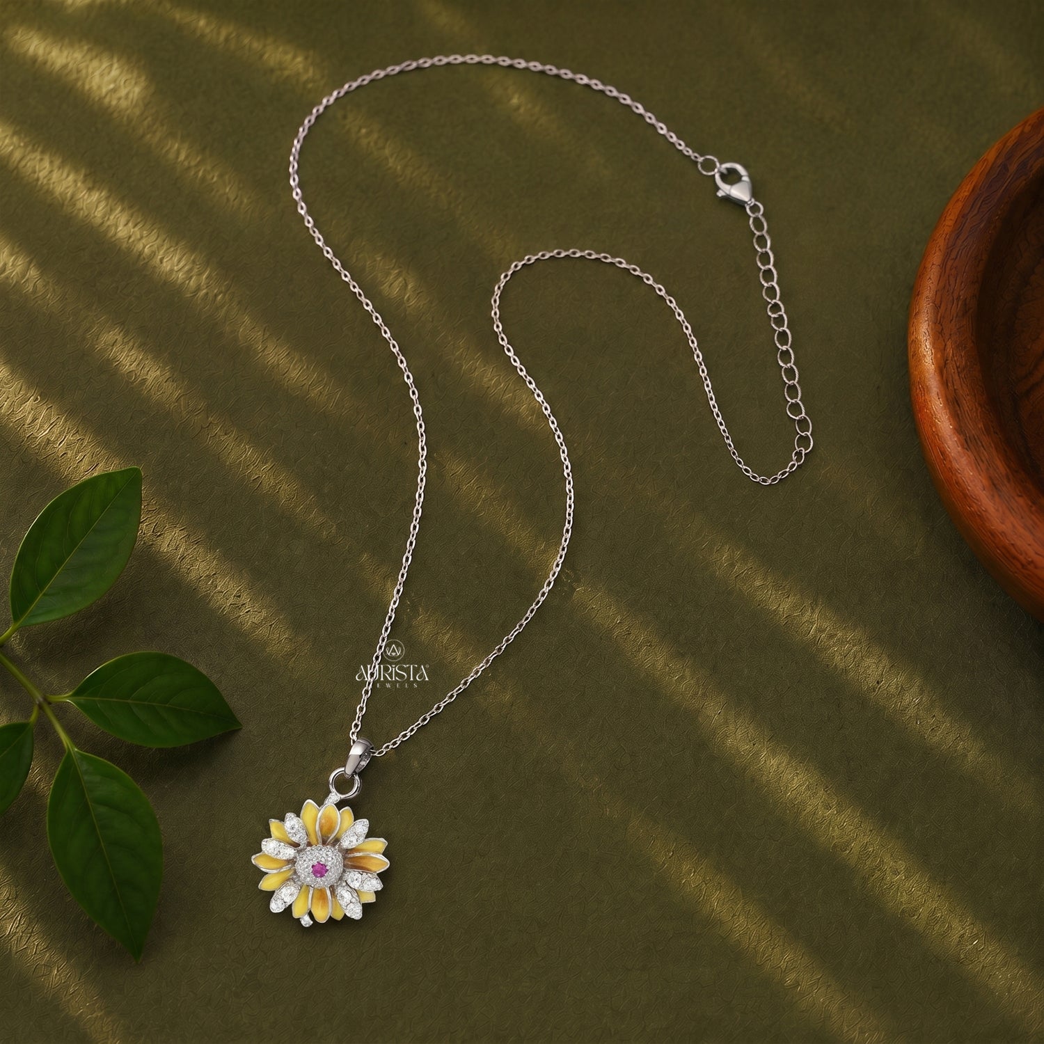 Sunflower Moissanite Necklace, Enamel Floral Pendant, Silver Daisy Jewelry Gift