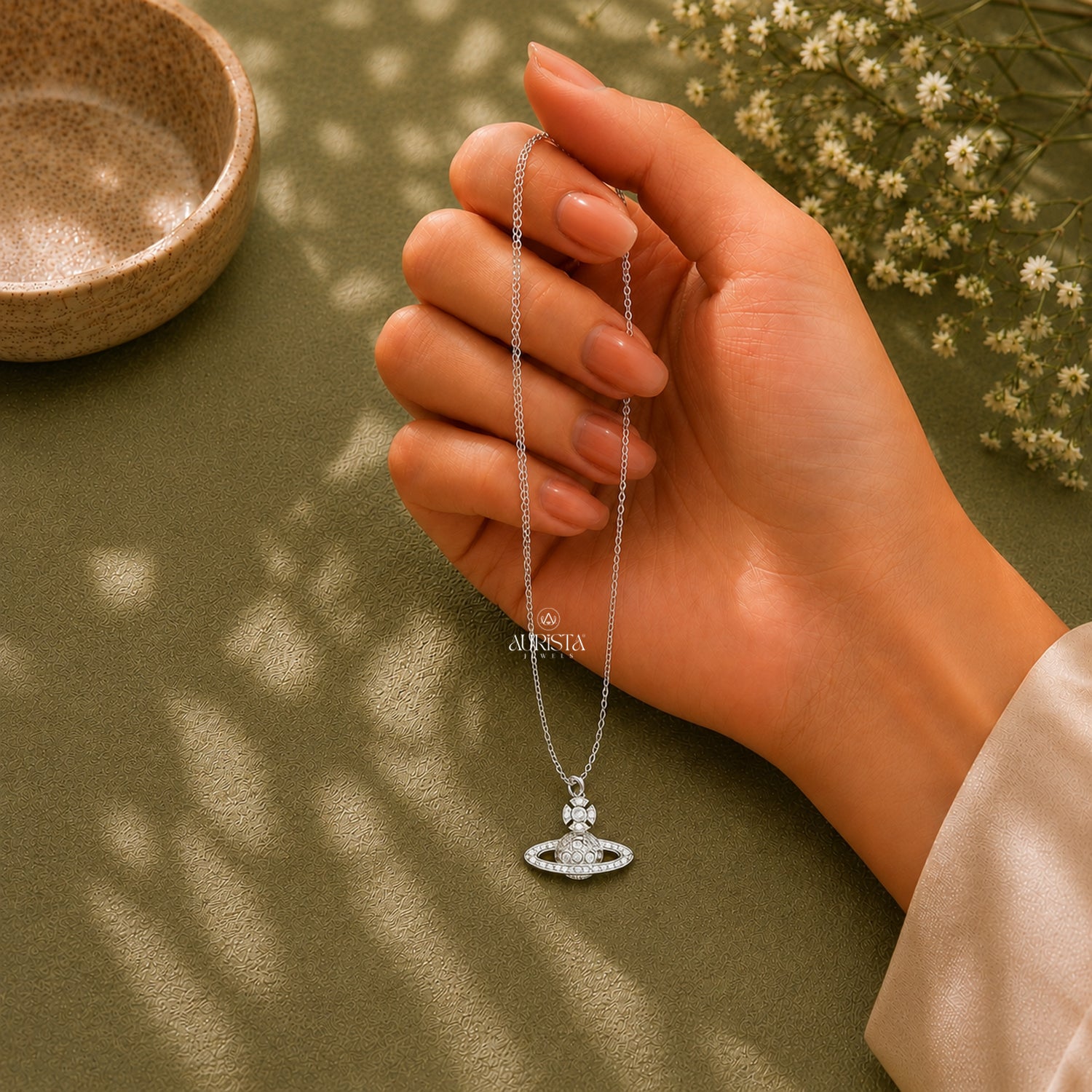 Saturn Planet Moissanite Necklace Dainty Silver Celestial Pendant Jewelry Gift Her