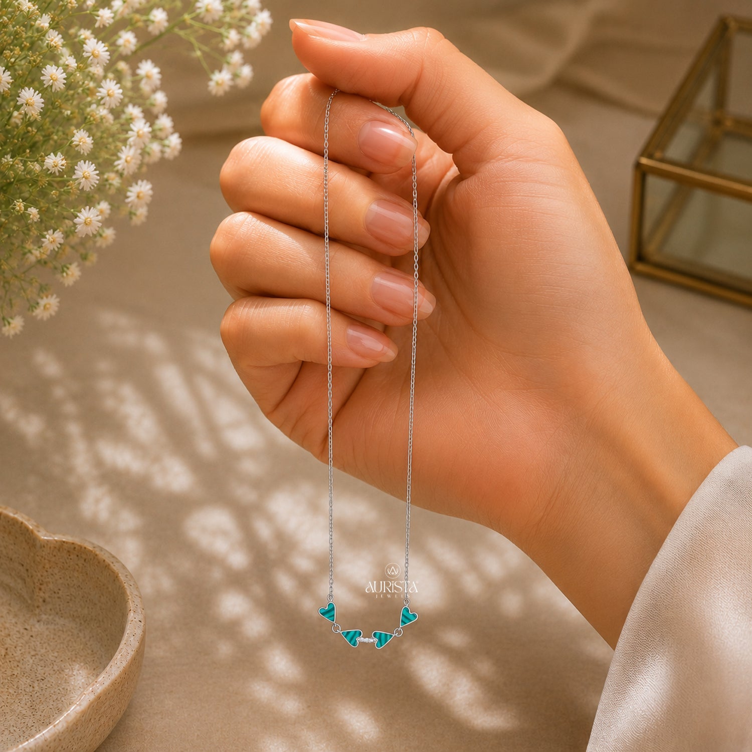 Malachite Heart Necklace, Green Stone Silver Chain, Minimalist Moissanite Gift Idea