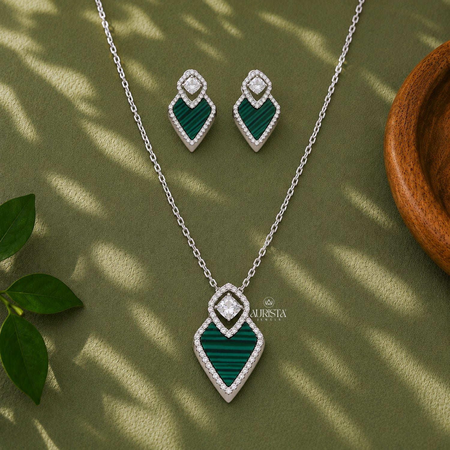 Malachite Jewelry Set Moissanite Necklace Stud Earrings Geometric Silver Gift Her