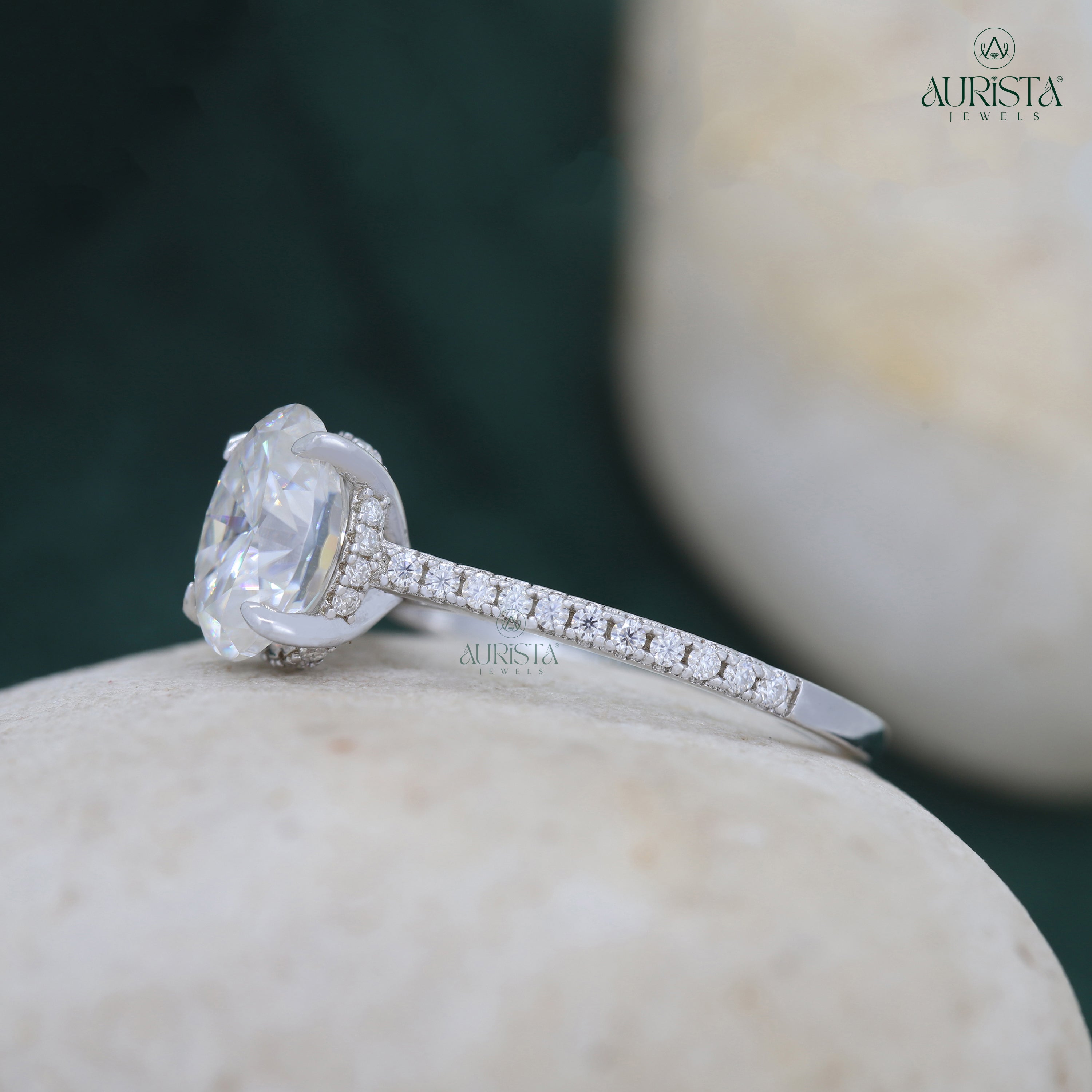 Oval Lab Grown Diamond Engagement Ring, Hidden Halo Pavé Setting, Bridal Ring