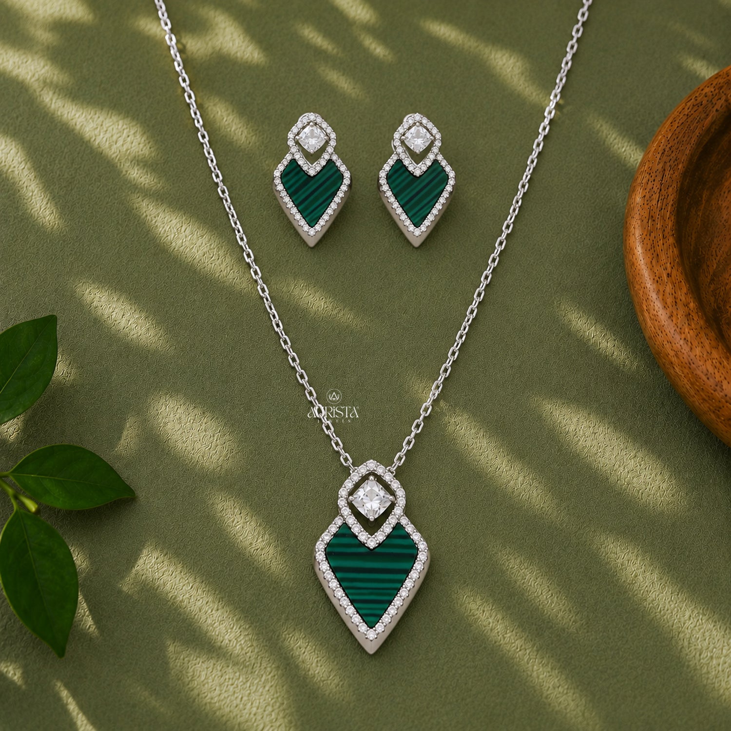 Malachite Jewelry Set Moissanite Necklace Stud Earrings Geometric Silver Gift Her