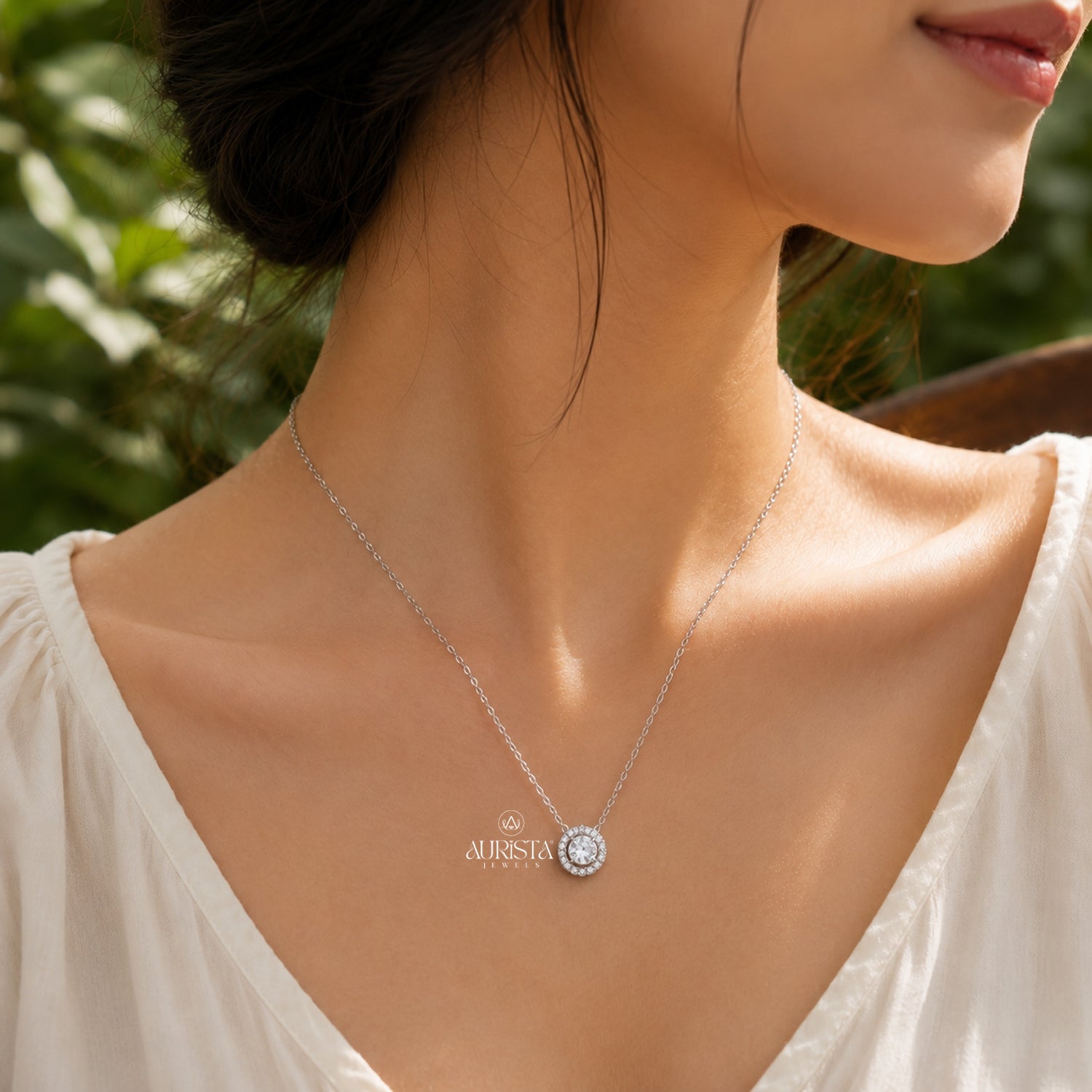 Round Moissanite Halo Pendant, Silver Diamond Necklace, Minimalist Bridal Jewelry Gift