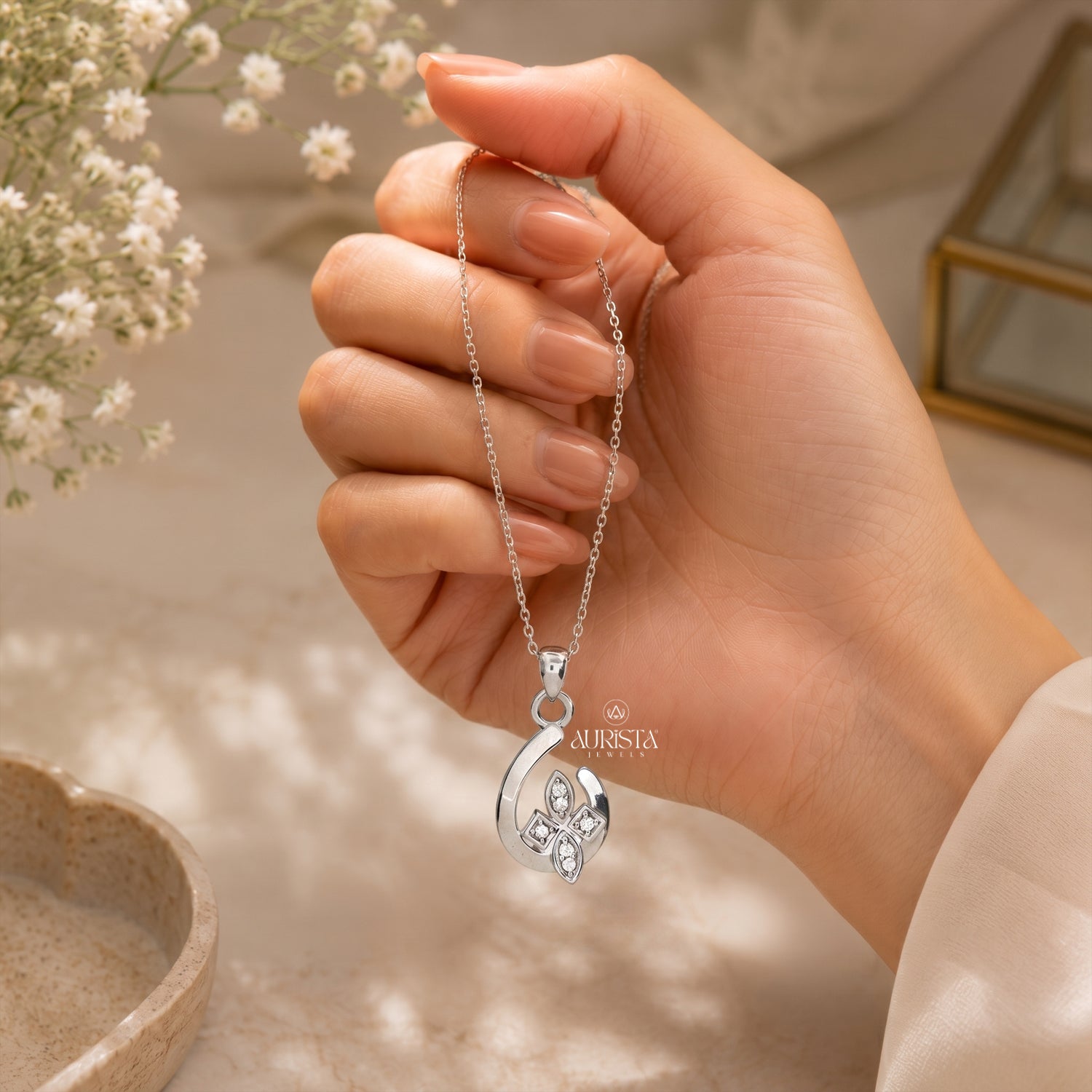 Moissanite Flower Pendant, Sterling Silver Necklace, Floral Minimalist Jewelry Gift