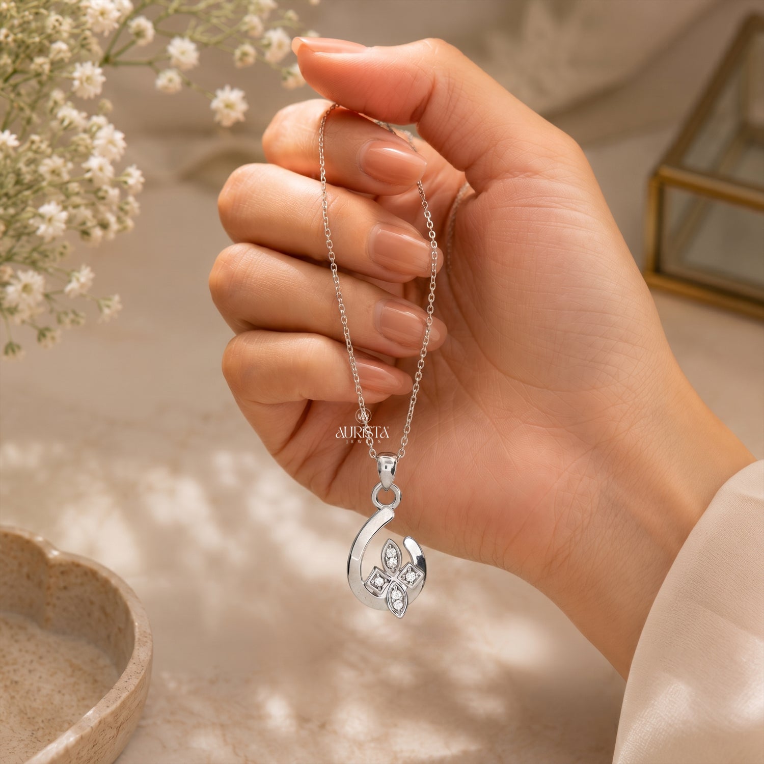 Moissanite Flower Pendant, Sterling Silver Necklace, Floral Minimalist Jewelry Gift
