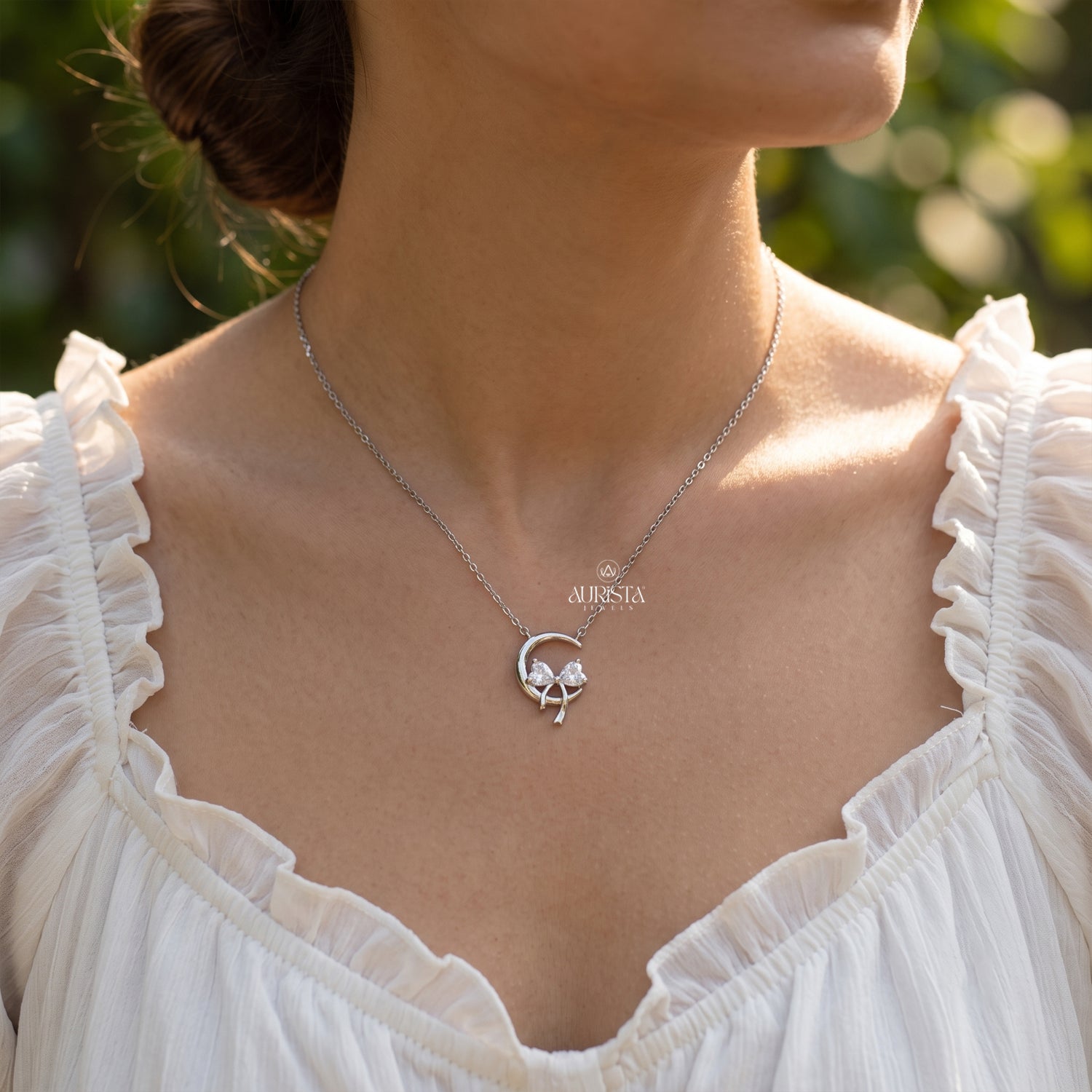 Moon and Bow Moissanite Necklace, Silver Pear Diamond Pendant, Dainty Minimalist Gift