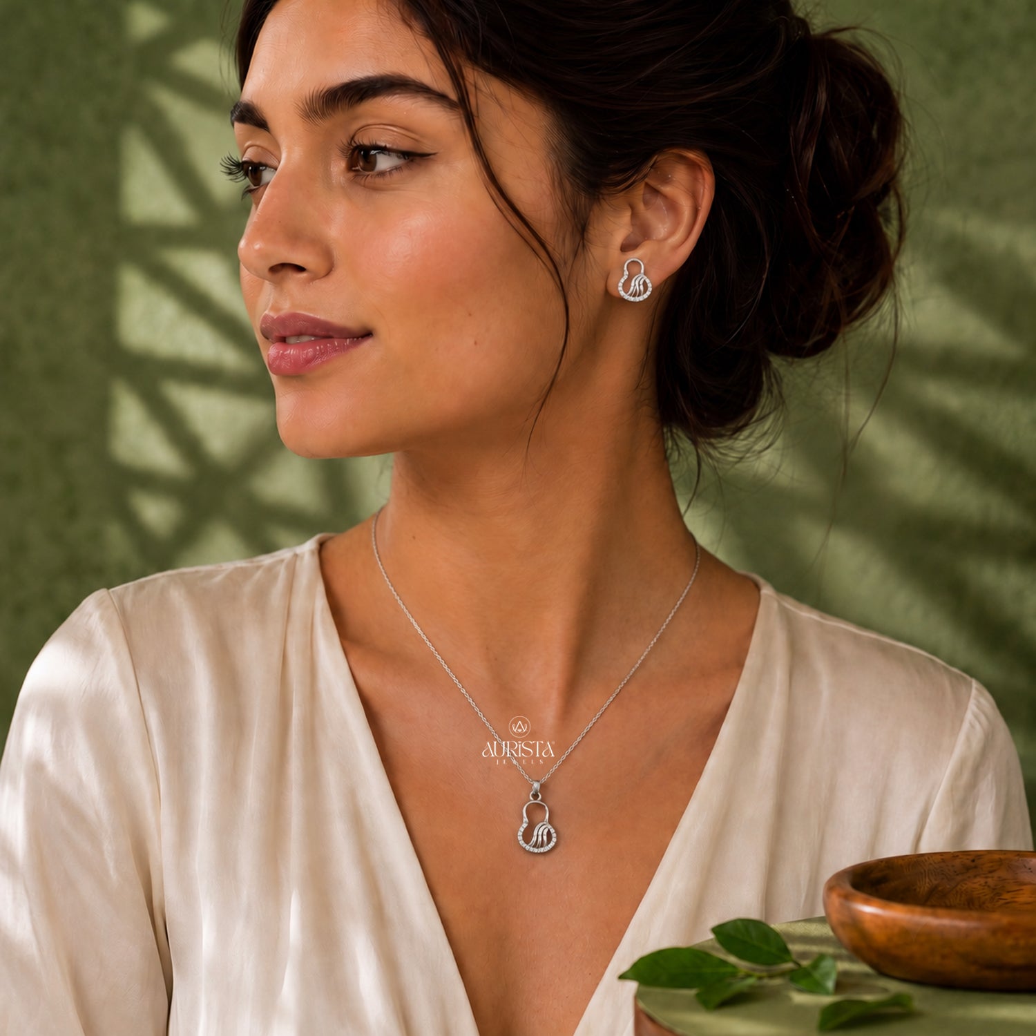 Gourd Moissanite Necklace Set Silver Abstract Pendant Dainty Studs Minimalist Gift