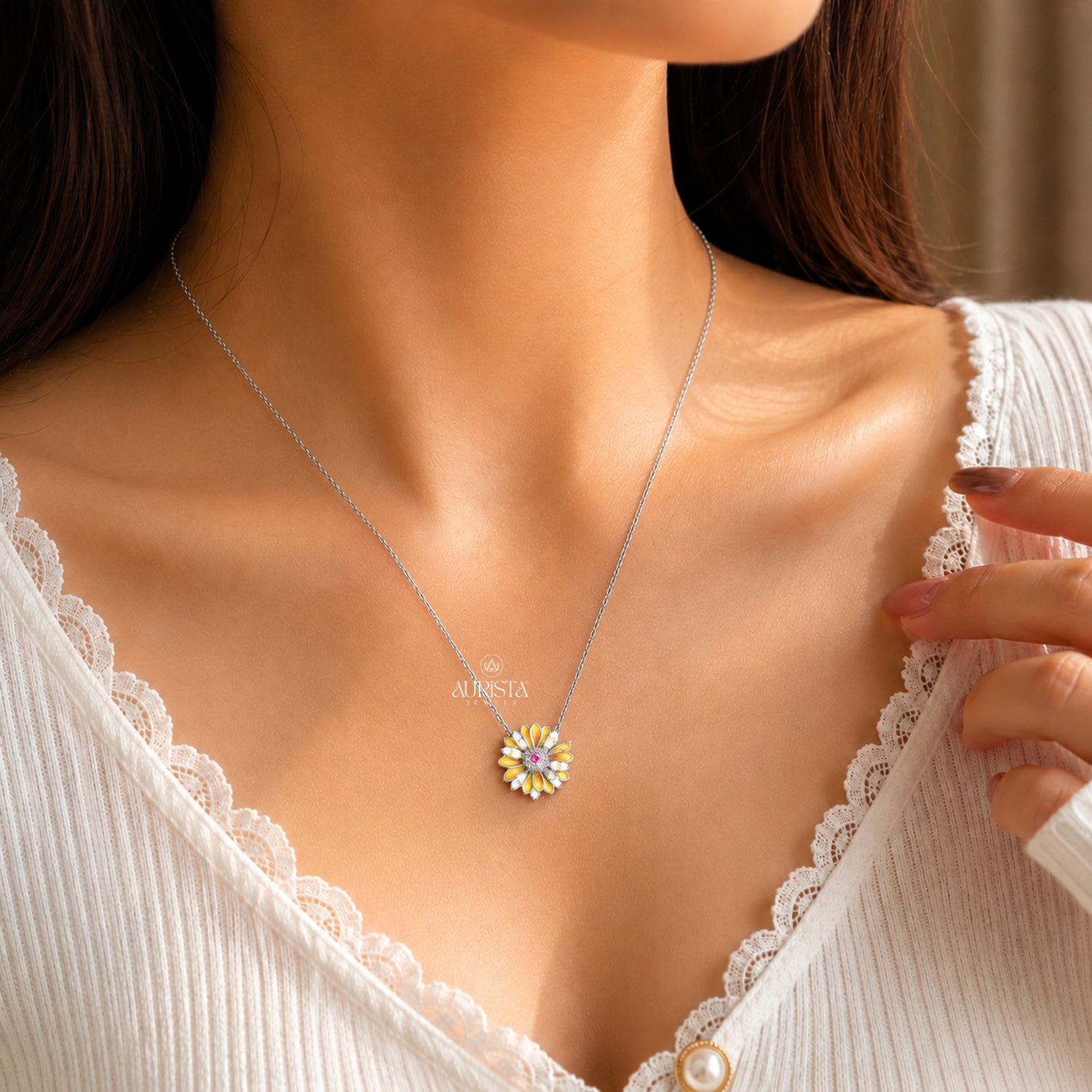 Sunflower Moissanite Necklace, Enamel Floral Pendant, Silver Daisy Jewelry Gift