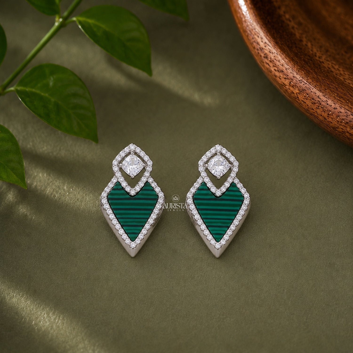 Malachite Jewelry Set Moissanite Necklace Stud Earrings Geometric Silver Gift Her