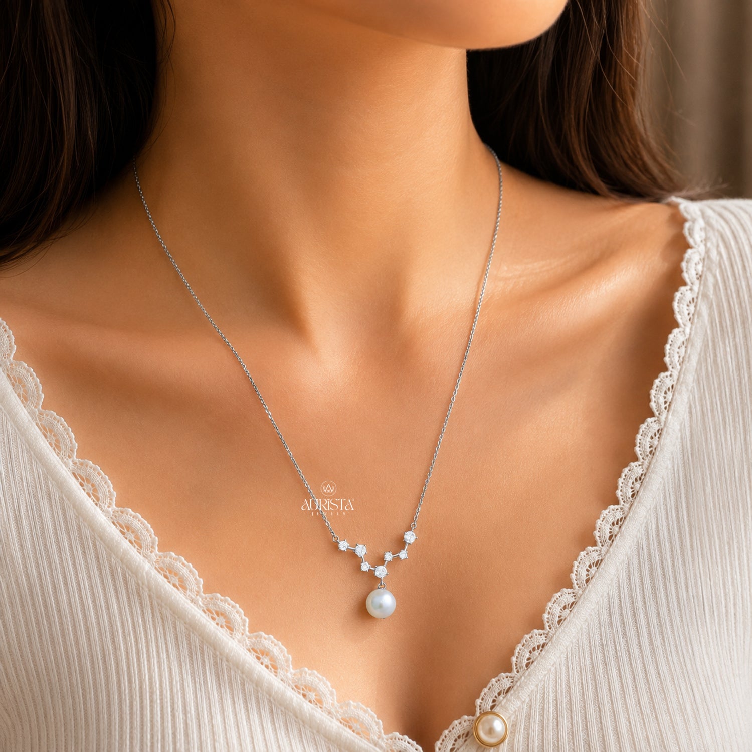 Pearl and Moissanite Necklace, Dainty Silver Floral Pendant, Minimalist Bridal Gift