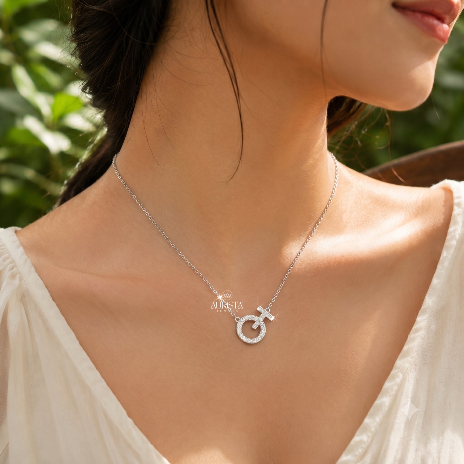Baguette Moissanite Circle Pendant, Geometric Silver Necklace, Modern Statement Gift