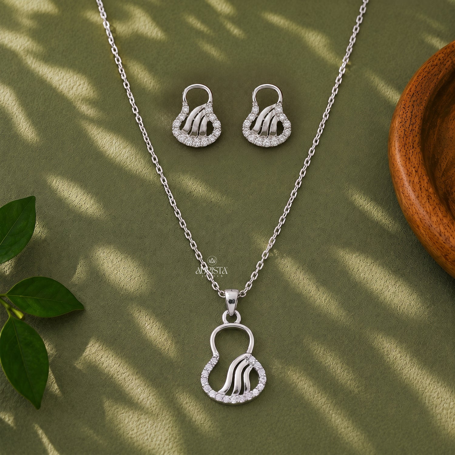 Gourd Moissanite Necklace Set Silver Abstract Pendant Dainty Studs Minimalist Gift